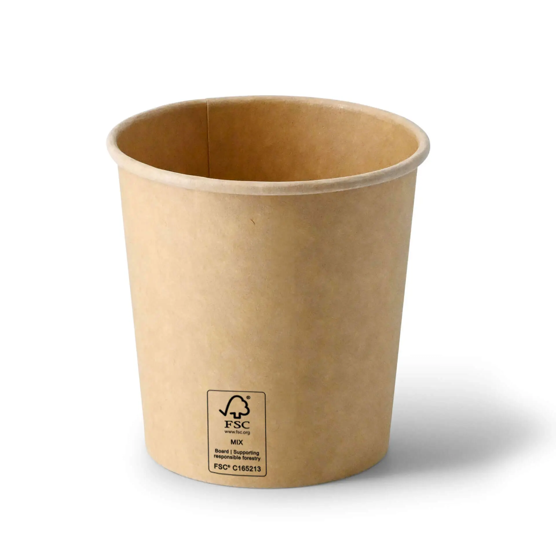 Conteneur à soupe à emporter en carton brun, 16 oz, forme ronde, avec un revêtement, montrant l'intérieur et le fond.