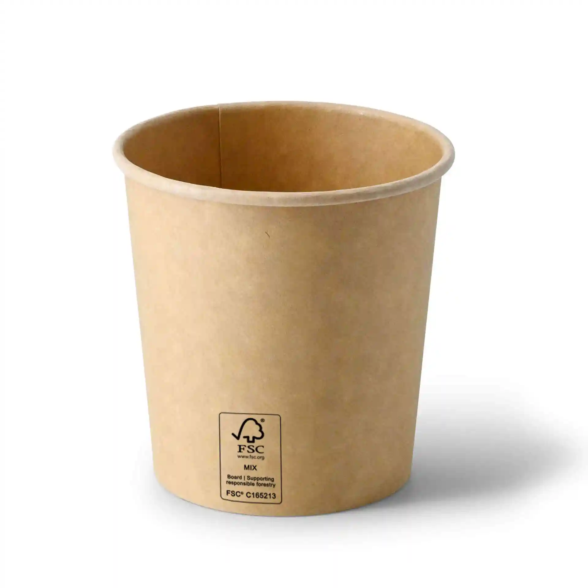 Conteneur à soupe à emporter en carton brun, 16 oz, forme ronde, avec un revêtement, montrant l'intérieur et le fond.