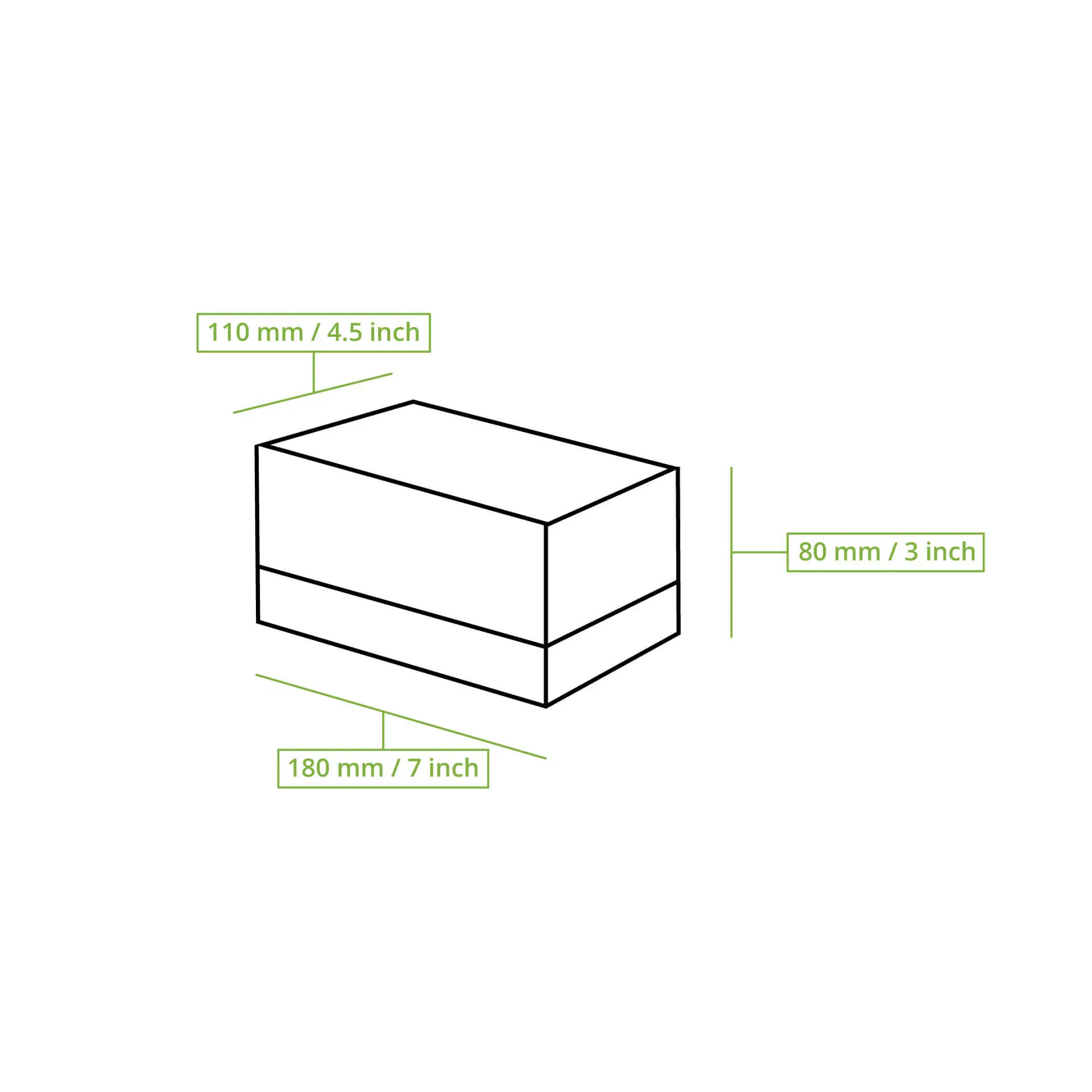 Illustration d'une boîte à cupcakes blanche en 2 pièces avec des dimensions : 180 mm (7 pouces) de longueur, 110 mm (4,5 pouces) de hauteur, 80 mm (3 pouces) de largeur.