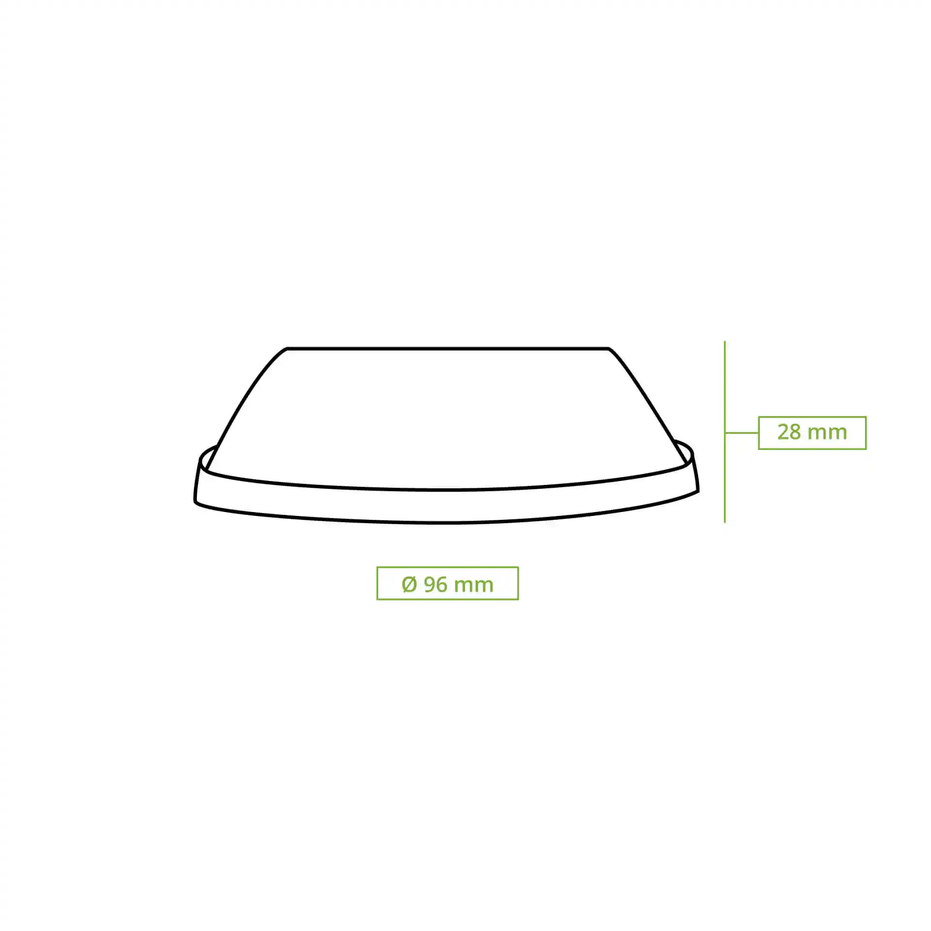 Dessin schématique d'un couvercle transparent en PLA d'un diamètre de 96 mm et d'une hauteur de 28 mm.