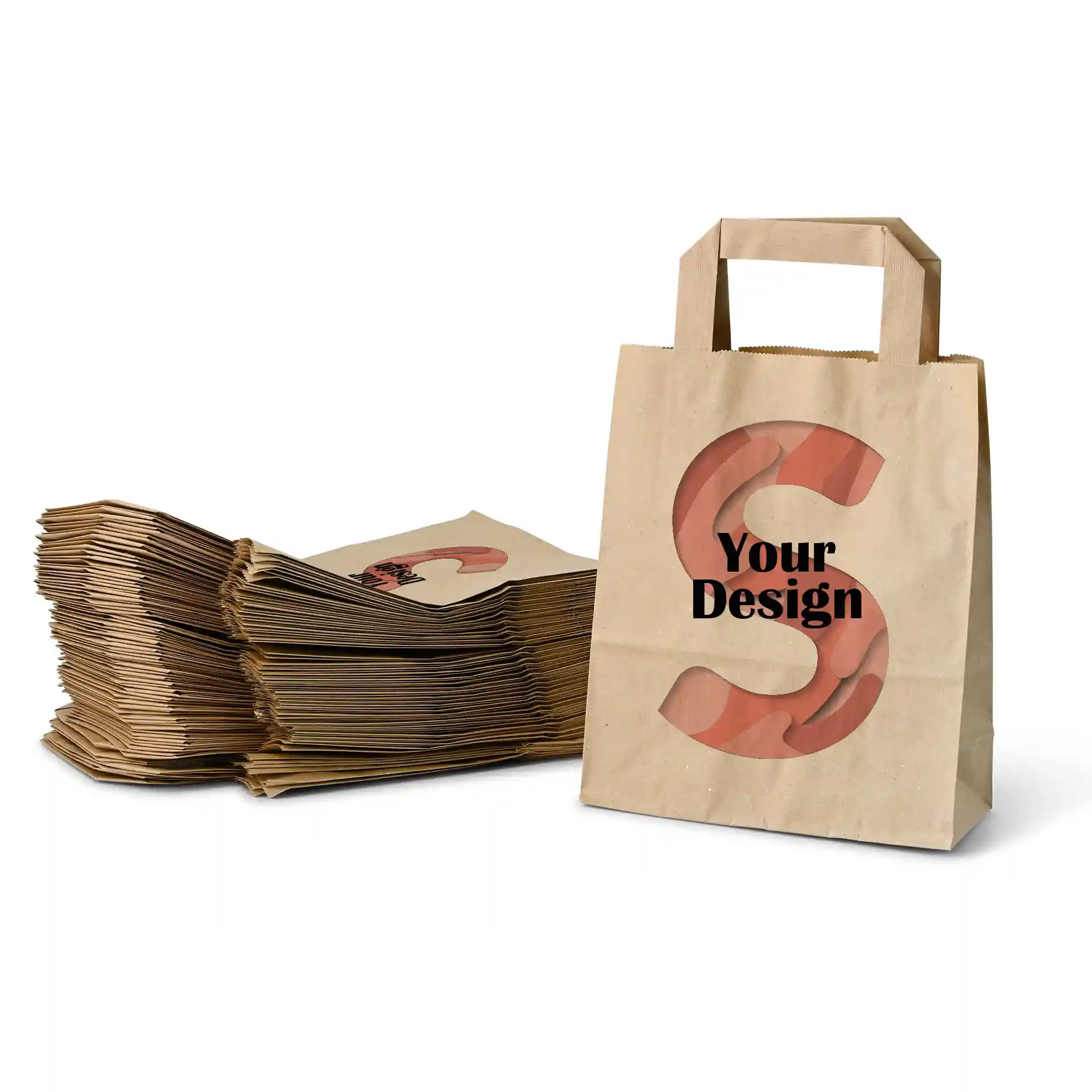 Sac en papier brun de forme rectangulaire, avec un design comportant la lettre 'S' et les mots 'Votre Design'.