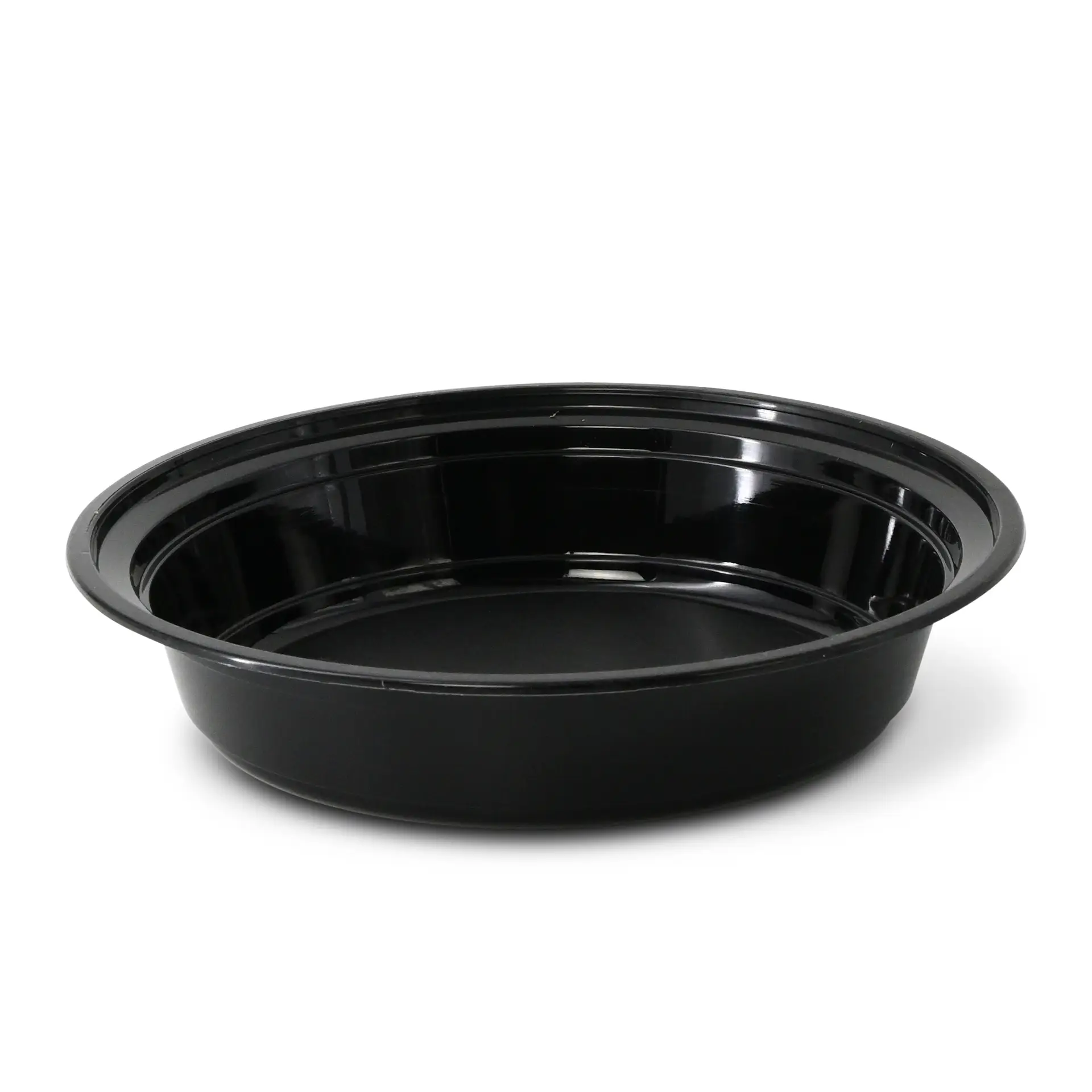Assiette en polypropylène noire réutilisable, ronde, capacité de 1000 ml ; convient pour plats chauds et froids, résiste au micro-ondes et au lave-vaisselle.
