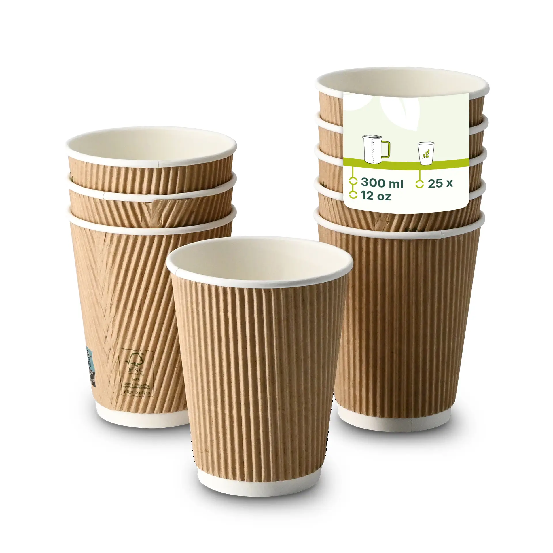Une tasse à café ondulée marron au premier plan avec un intérieur blanc ; plusieurs tasses similaires disposées derrière, affichant leur extérieur marron et leurs étiquettes.