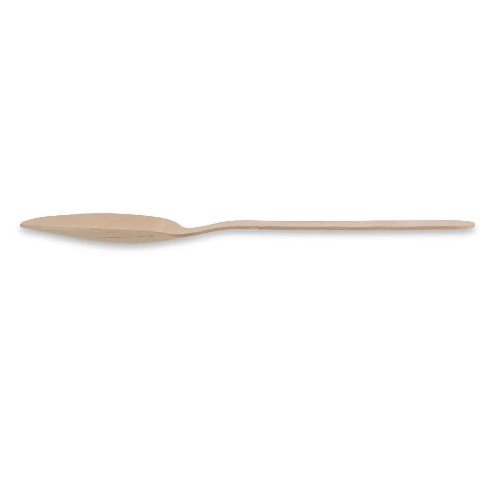 Cuillère en bois, 18 cm de long, de couleur marron et finition lisse, placée sur un fond uni.