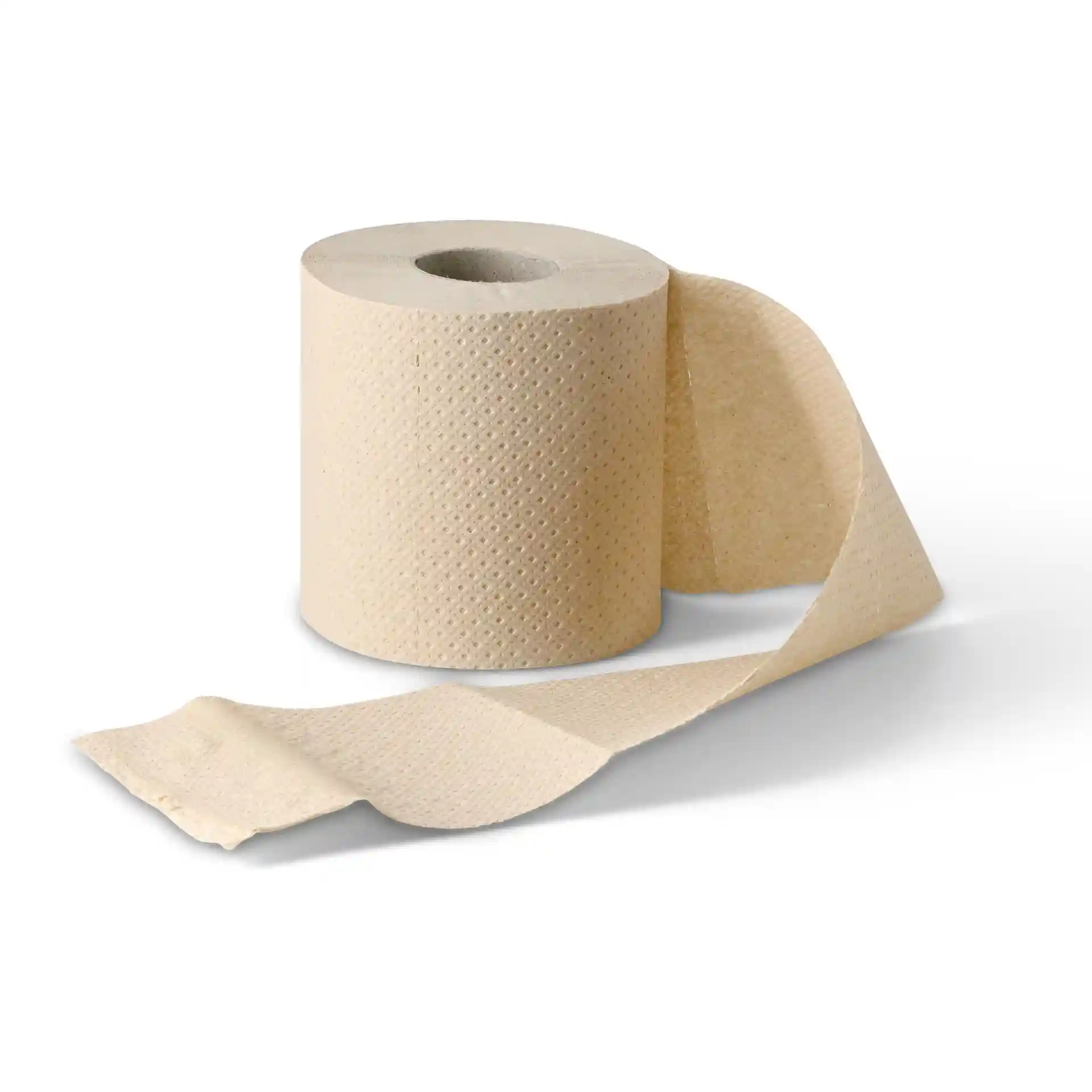 Rouleau de papier toilette brun à 2 plis en papier recyclé, montrant une feuille partiellement déroulée.
