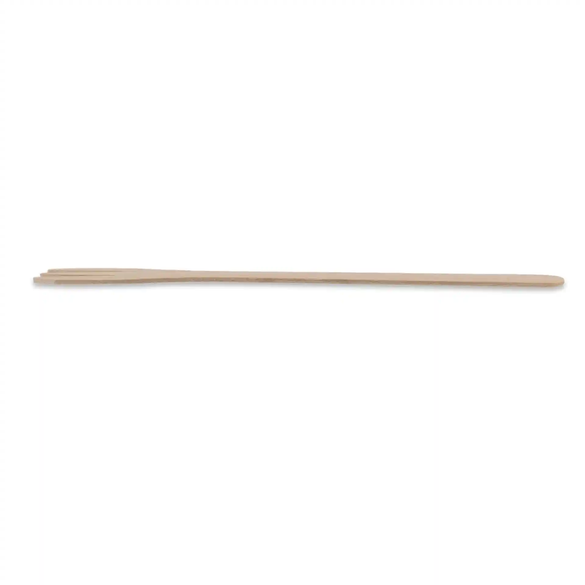 Fourchette en bois à trois dents, mesurant 17,5 cm de long, sur un fond uni.