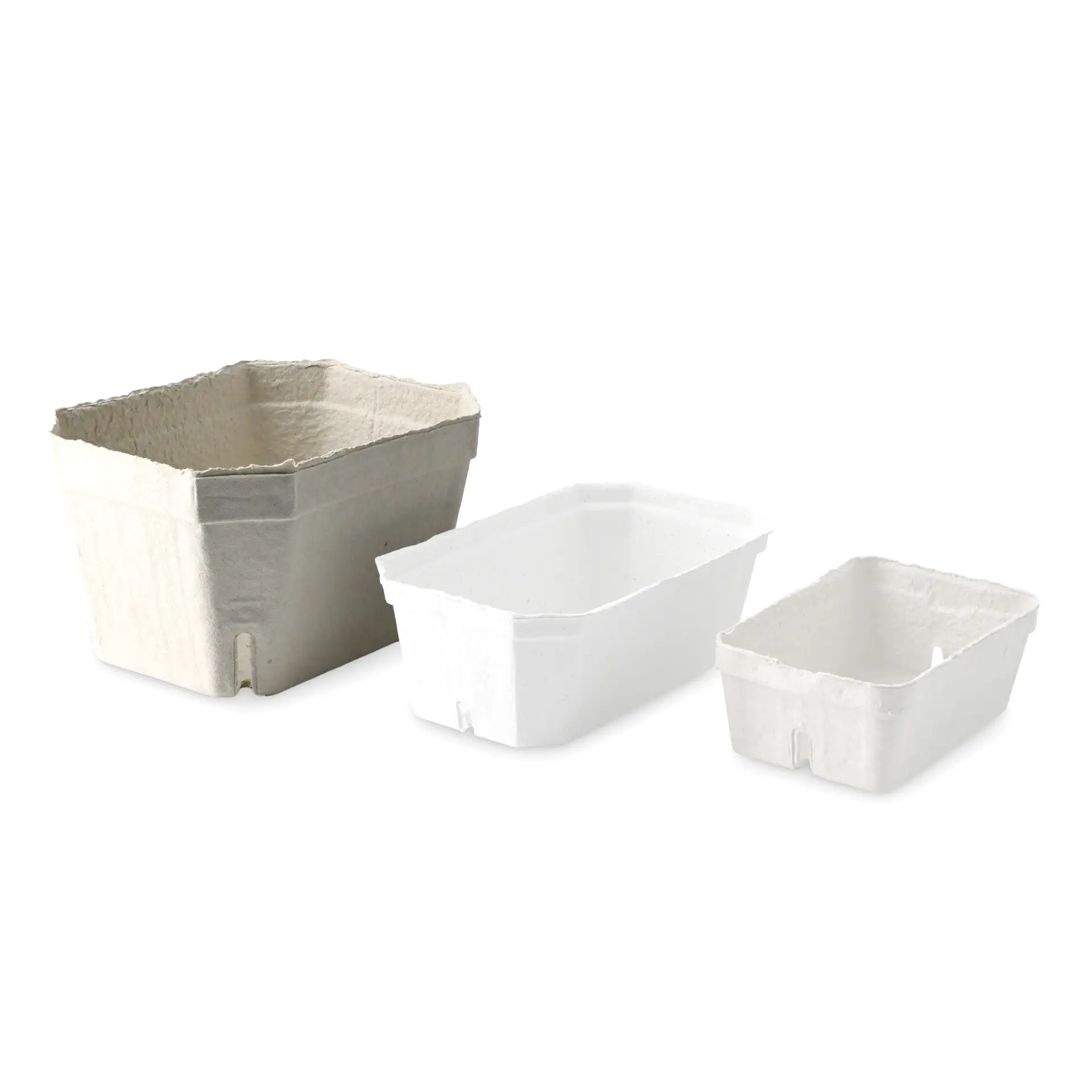 Un plateau rectangulaire en pulpe de bois blanc; deux plateaux similaires de différentes tailles en arrière-plan.