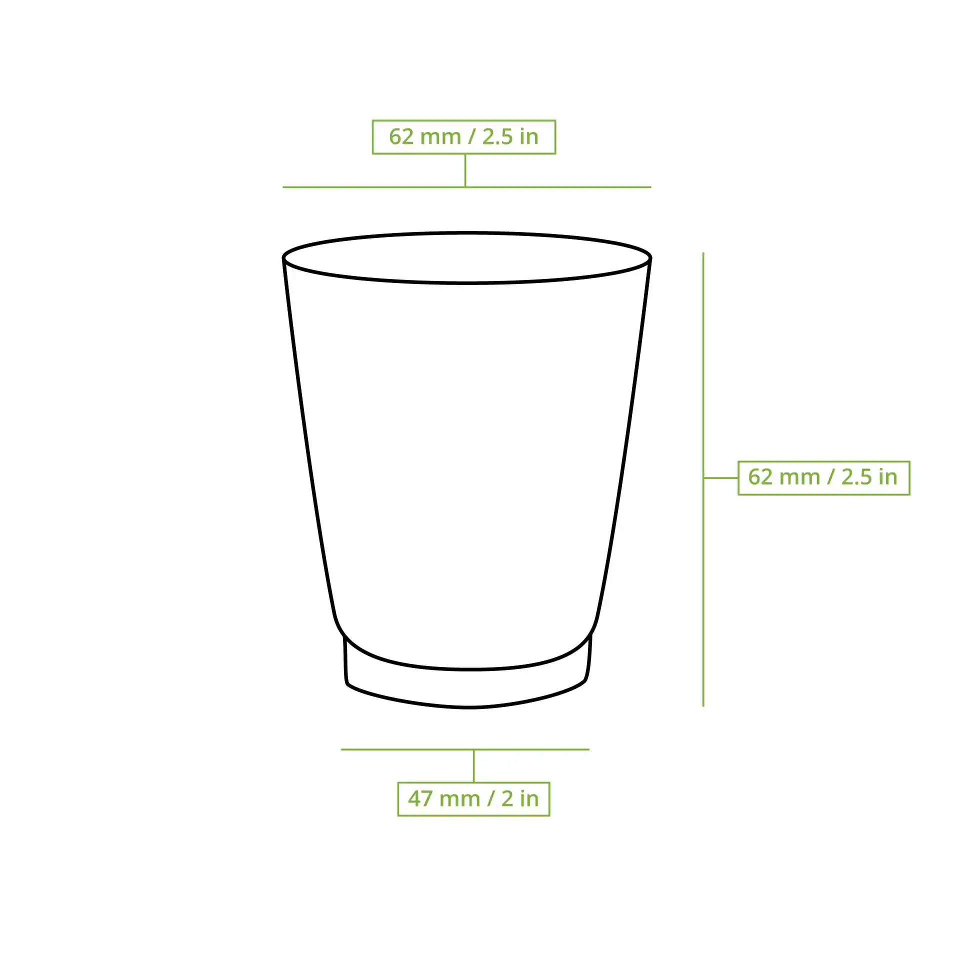Dessin schématique d'un gobelet strié avec dimensions : 62 mm de diamètre, 63 mm de hauteur et 47 mm de diamètre de base.