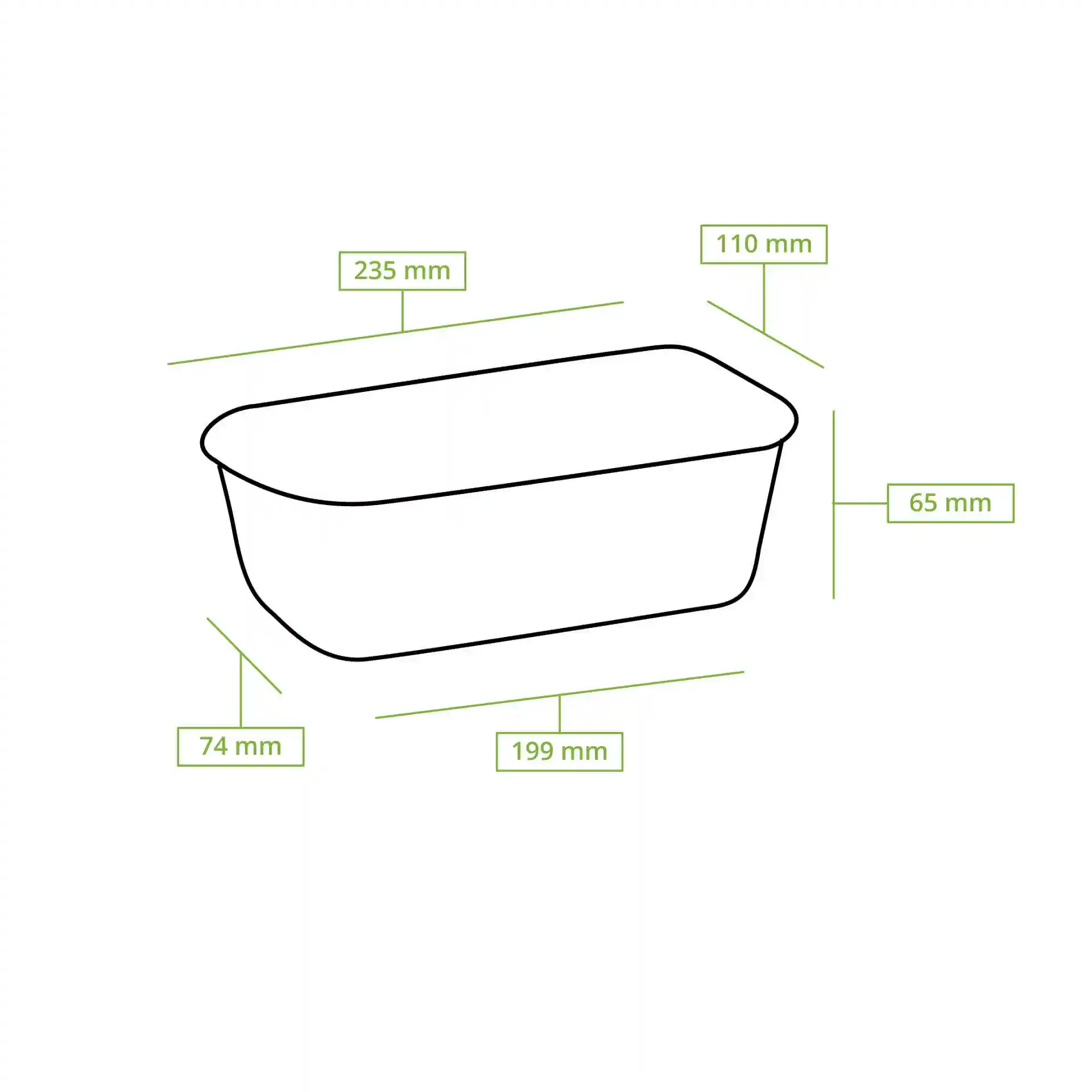 Dessin schématique d'un moule à gâteau rectangulaire avec des lignes de dimension indiquant 235 mm de longueur, 110 mm de largeur et 65 mm de hauteur.