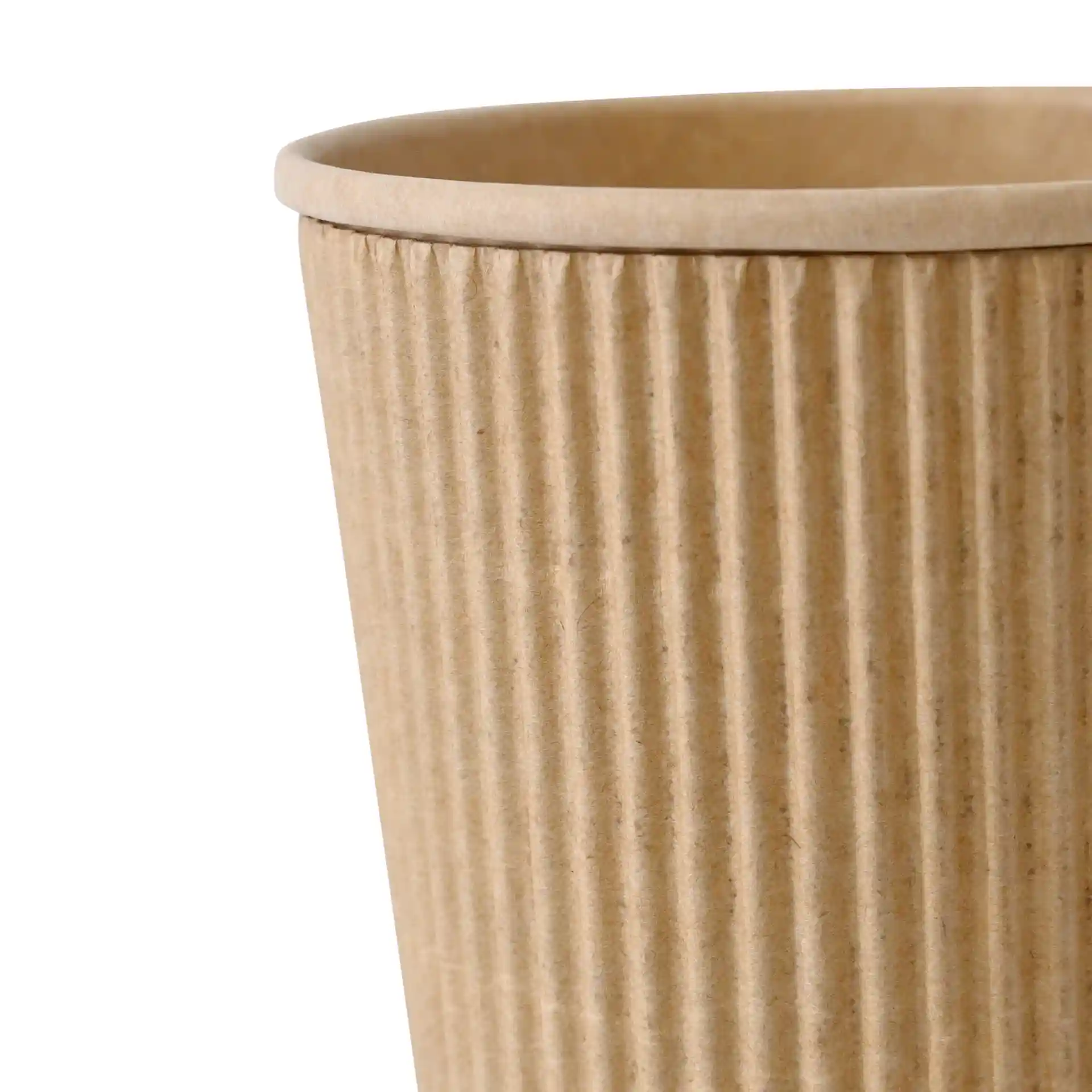 Gobelet en papier kraft nervuré de 90 mm de diamètre et 112 mm de hauteur, adapté aux boissons.