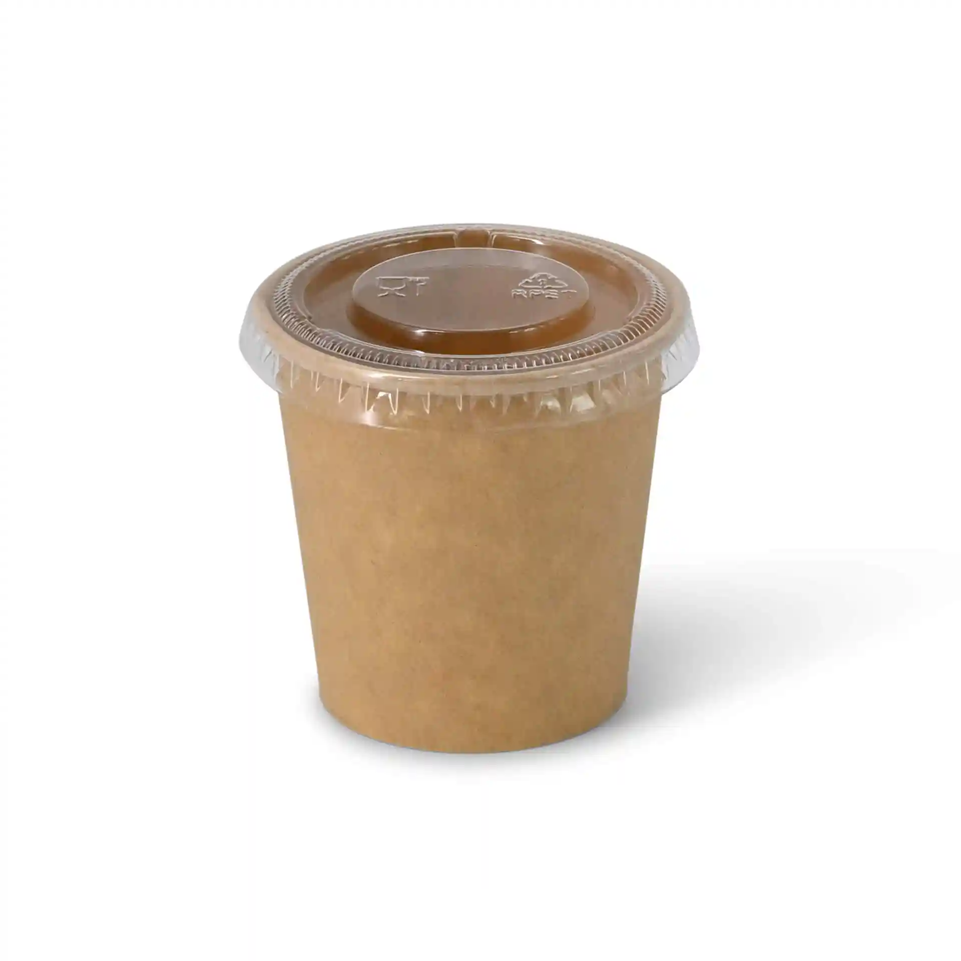 Conteneur rond en carton brun avec couvercle transparent, capacité de 75 ml, en carton enduit.