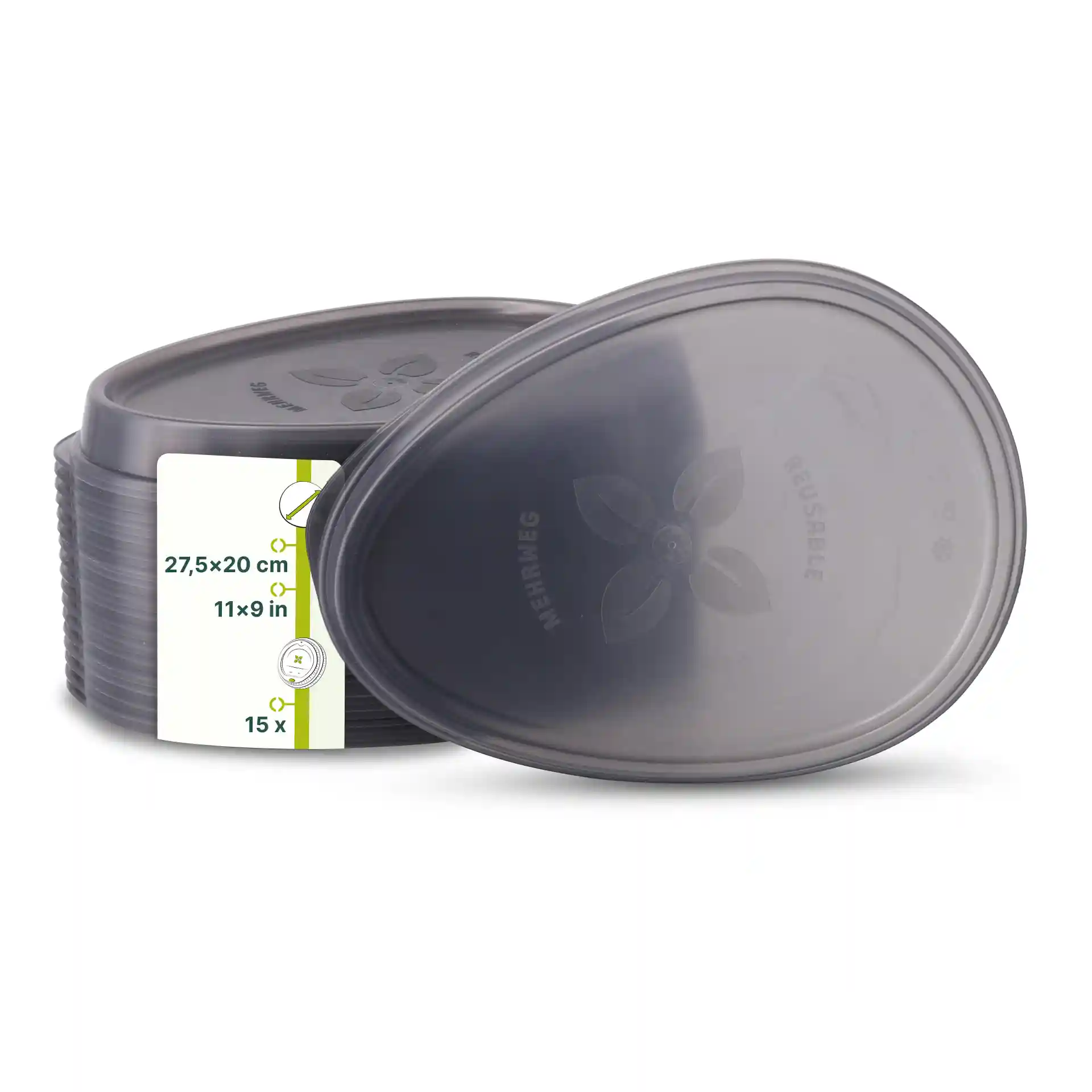 Couvercle ovale réutilisable gris en PP, dimensions 27,5 x 20 cm, avec une étiquette indiquant les détails du produit.