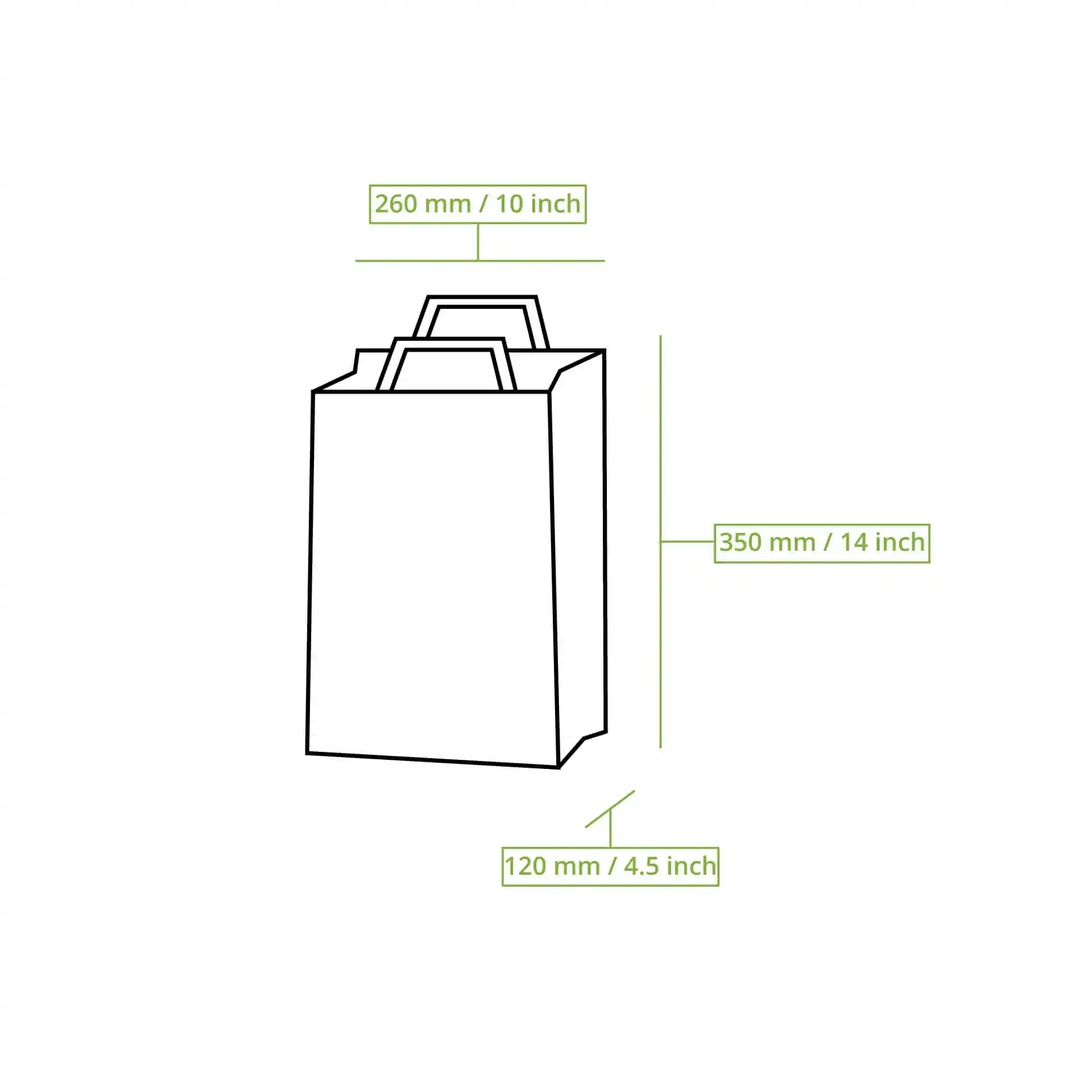 Dessin schématique d'un sac en papier brun avec dimensions étiquetées : 260 mm de longueur, 120 mm de largeur, 350 mm de hauteur.