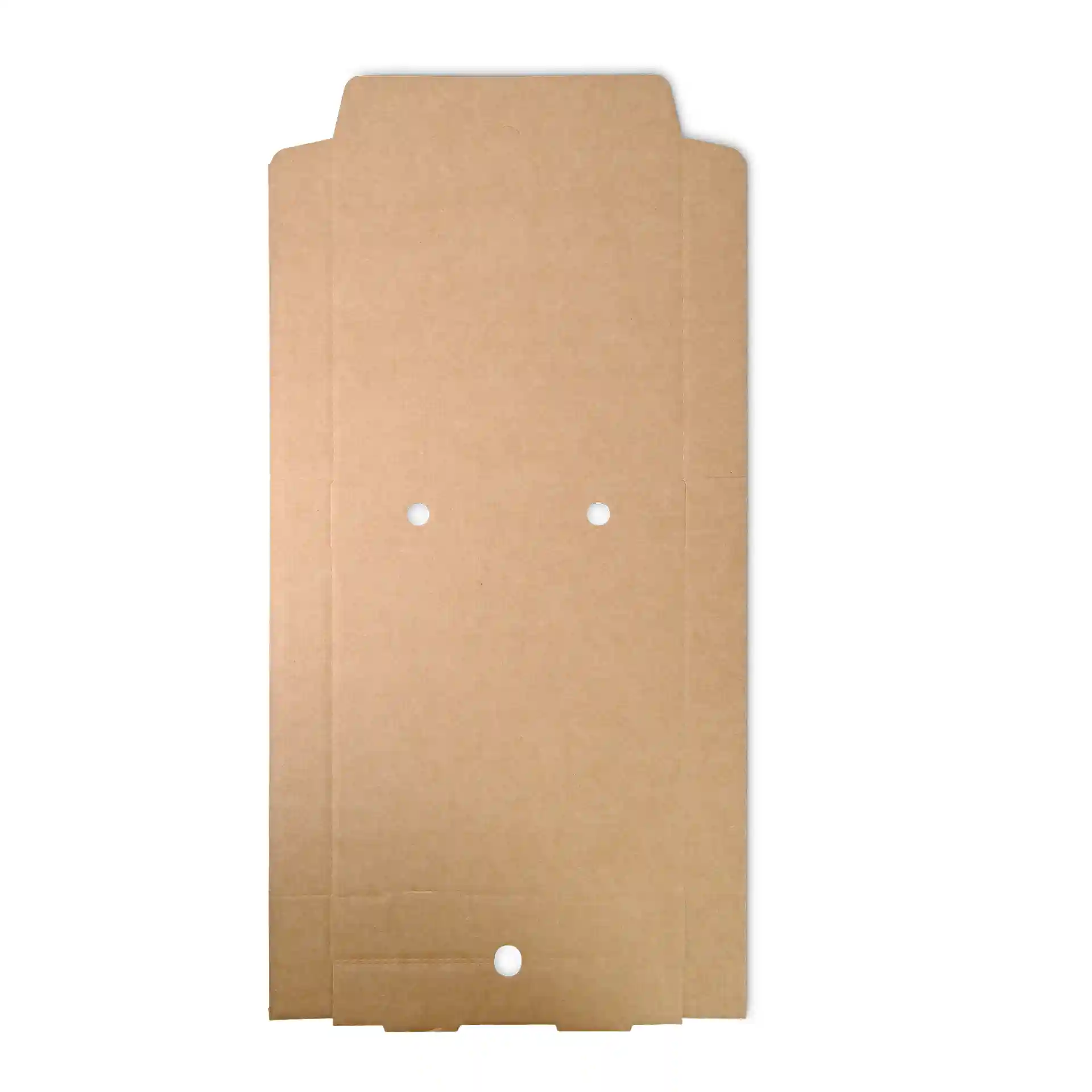 Boîte à pizza en carton marron de forme carrée, avec deux trous et sans revêtement.