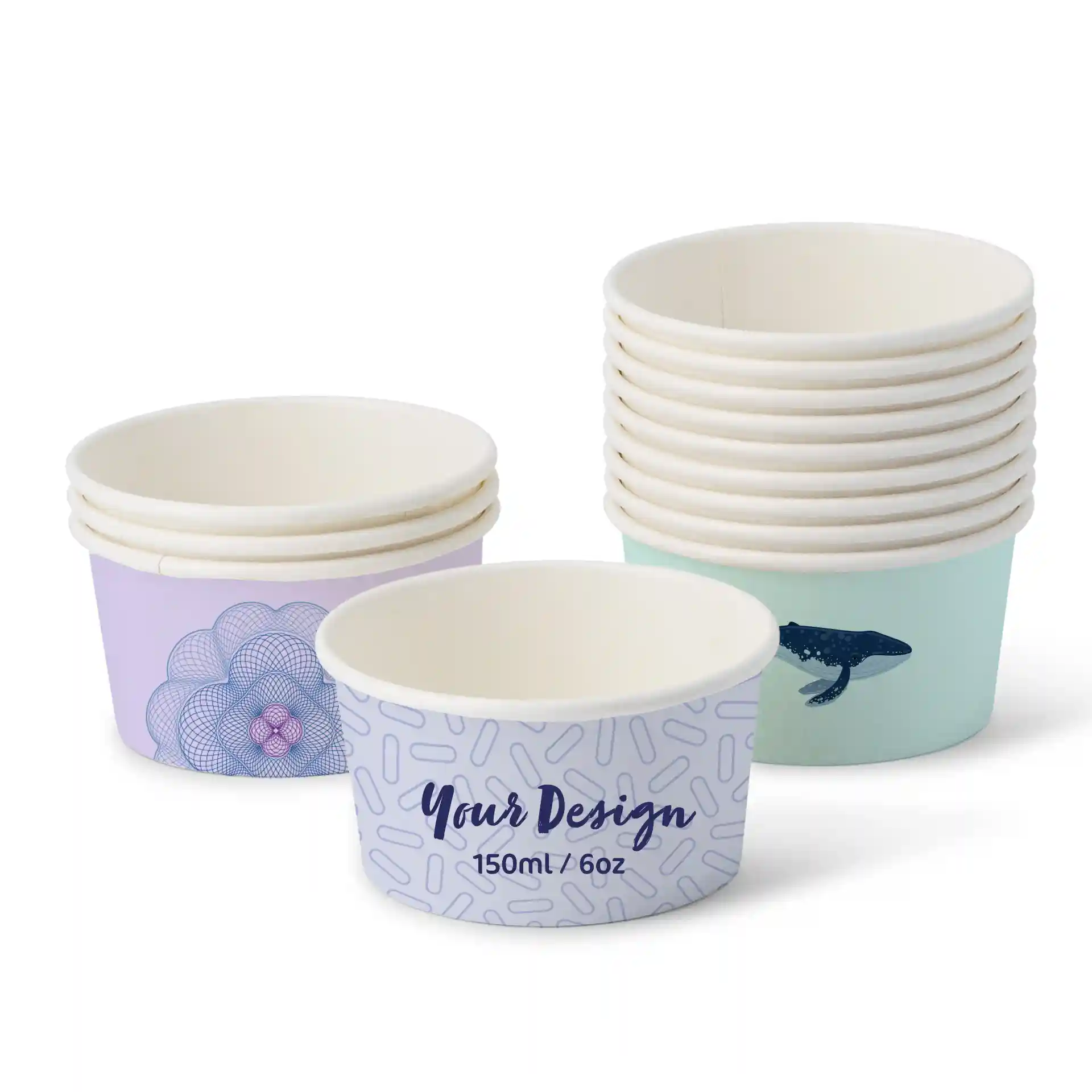 Coupes rondes à glace dans divers designs, y compris une baleine et des motifs floraux, avec un intérieur blanc.
