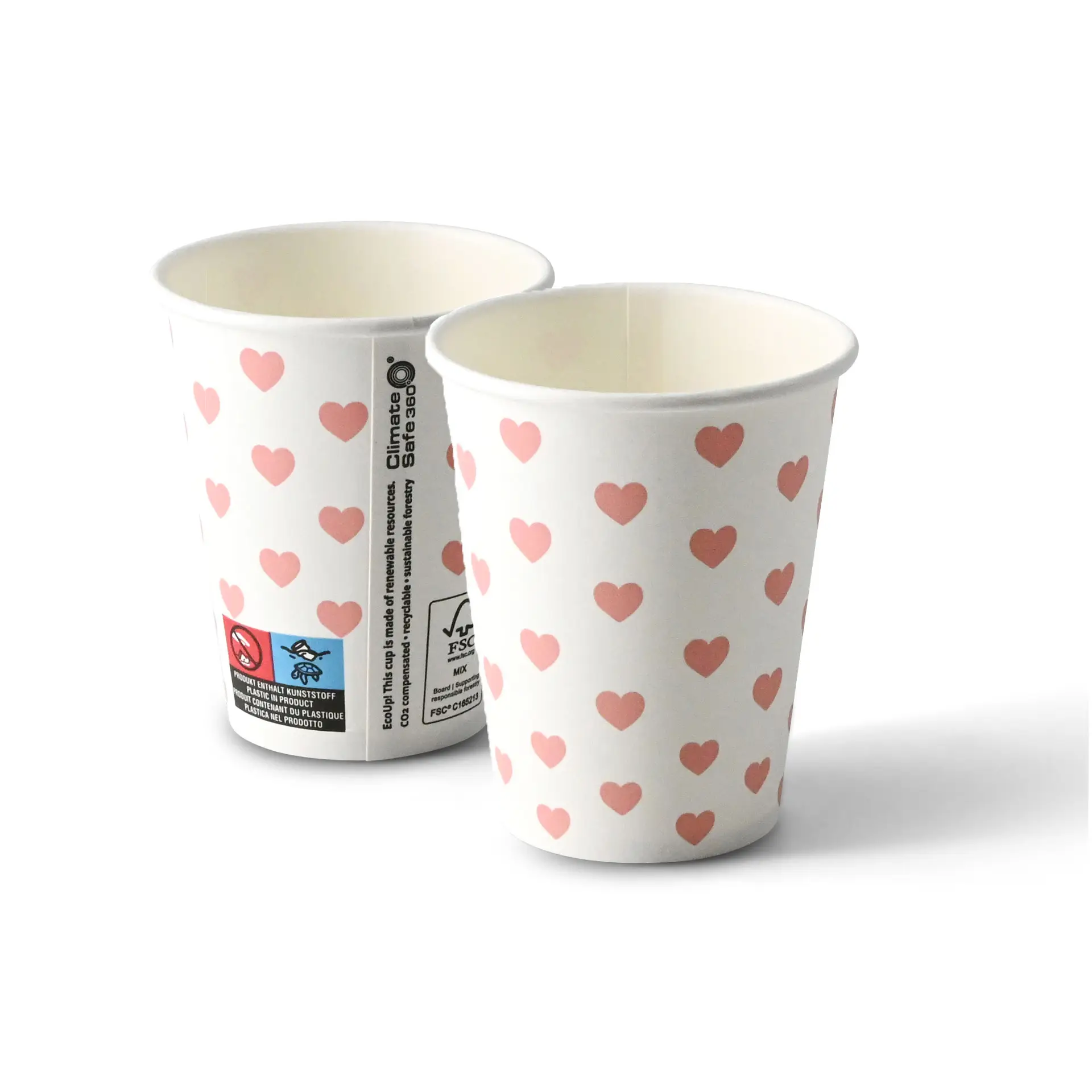 Gobelet en papier imprimé "Hearts" (revêtu) 200 ml / 8 oz, Ø 80 mm, blanc