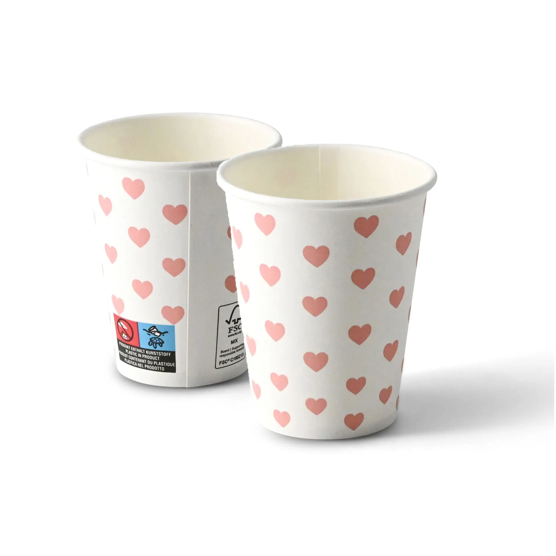 Deux gobelets en papier de 8 oz avec un fond blanc et des motifs de cœurs roses, montrant l'intérieur et l'extérieur.