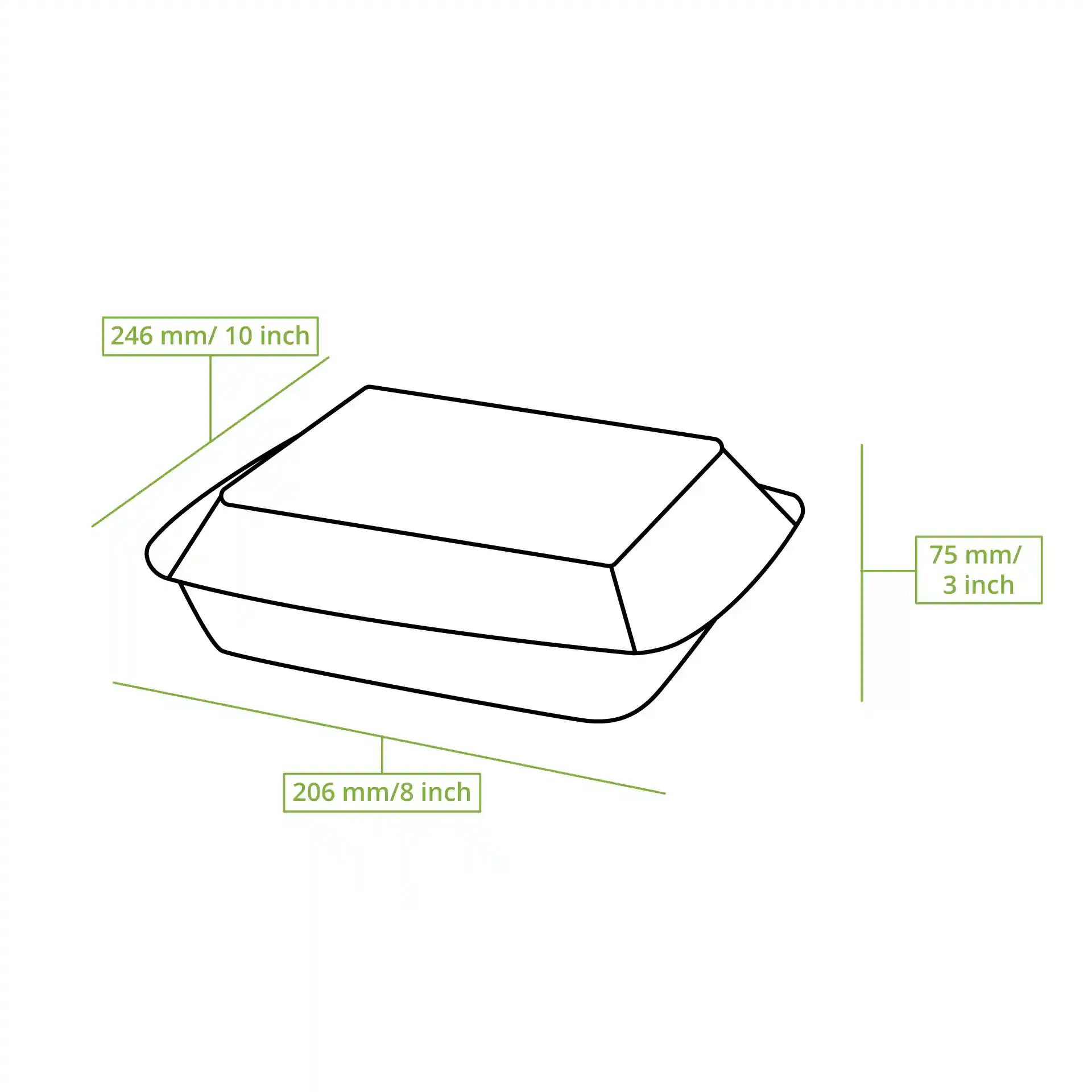 Dessin schématique d'un conteneur rectangulaire à couvercle articulé, dimensions 247 mm x 200 mm x 70 mm.