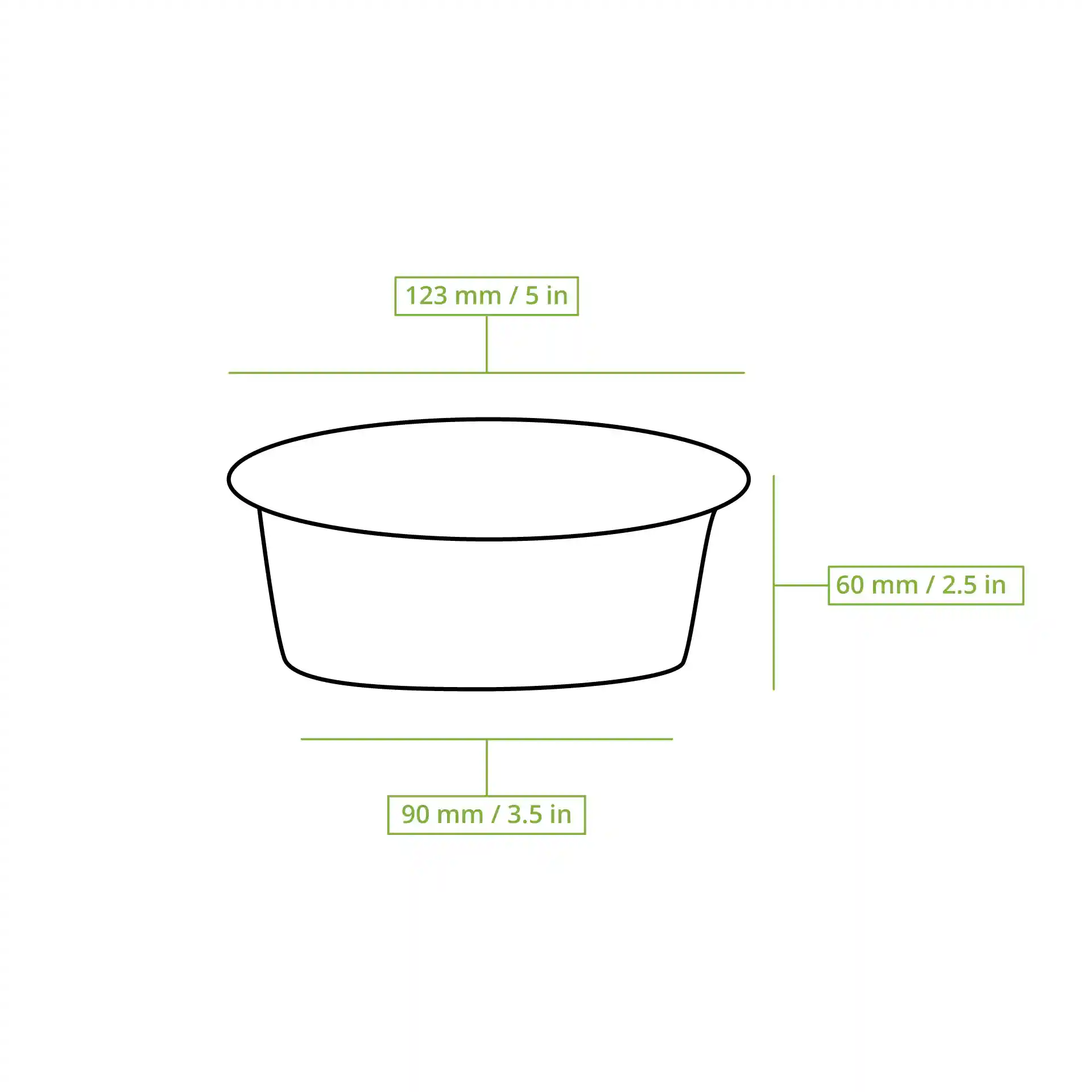 Dessin schématique d'un pot deli rond en rPET avec dimensions : 123 mm de diamètre, 60 mm de hauteur, 90 mm de diamètre de fond.