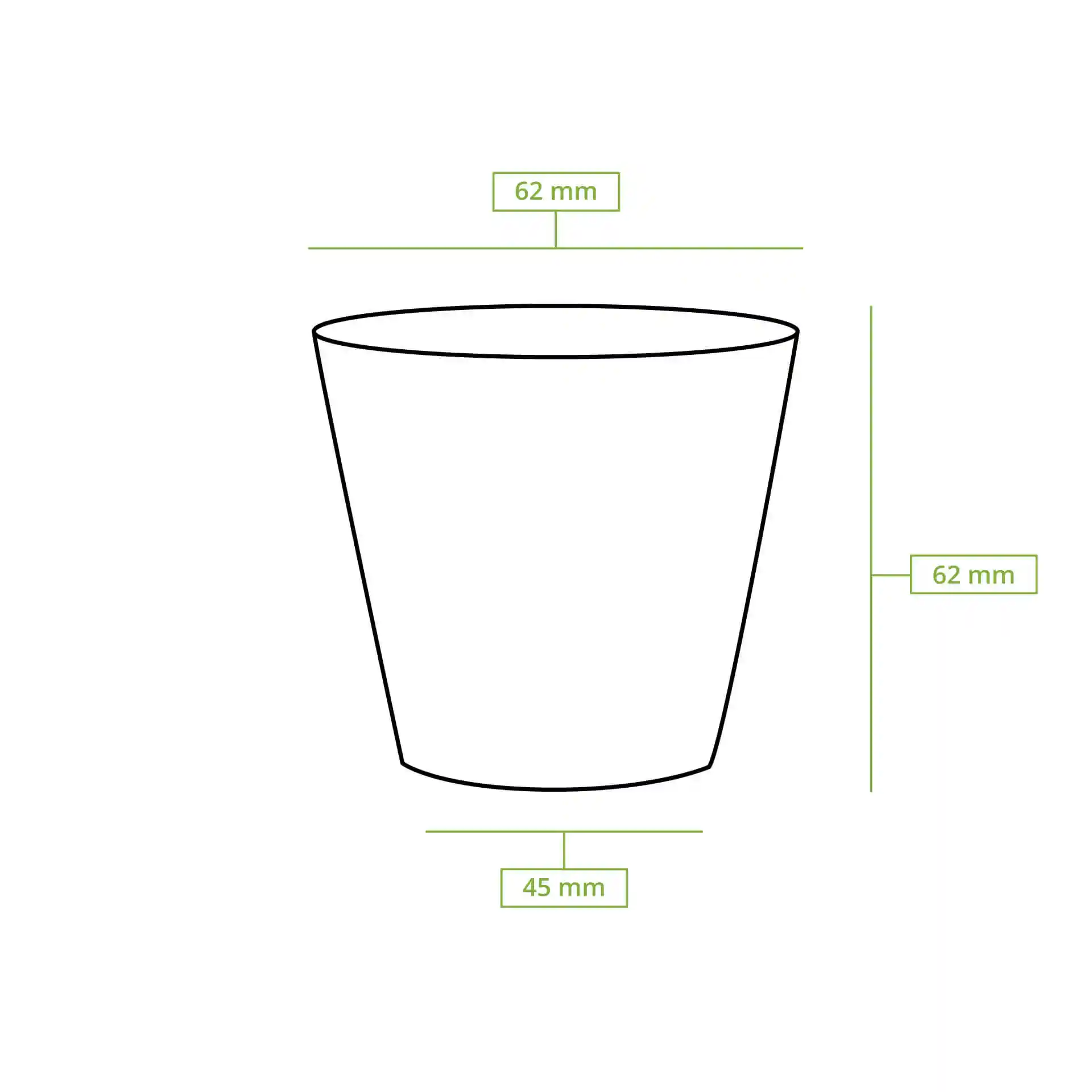 Dessin schématique d'un gobelet en papier rond avec des dimensions : 62 mm de diamètre supérieur, 46 mm de diamètre inférieur et 60 mm de hauteur.