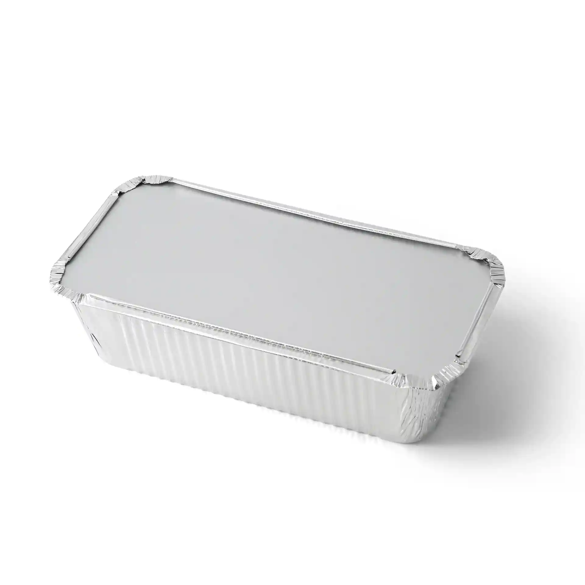 Conteneur en aluminium rectangulaire avec un couvercle en carton, mesurant 212 mm de long et 108 mm de large.