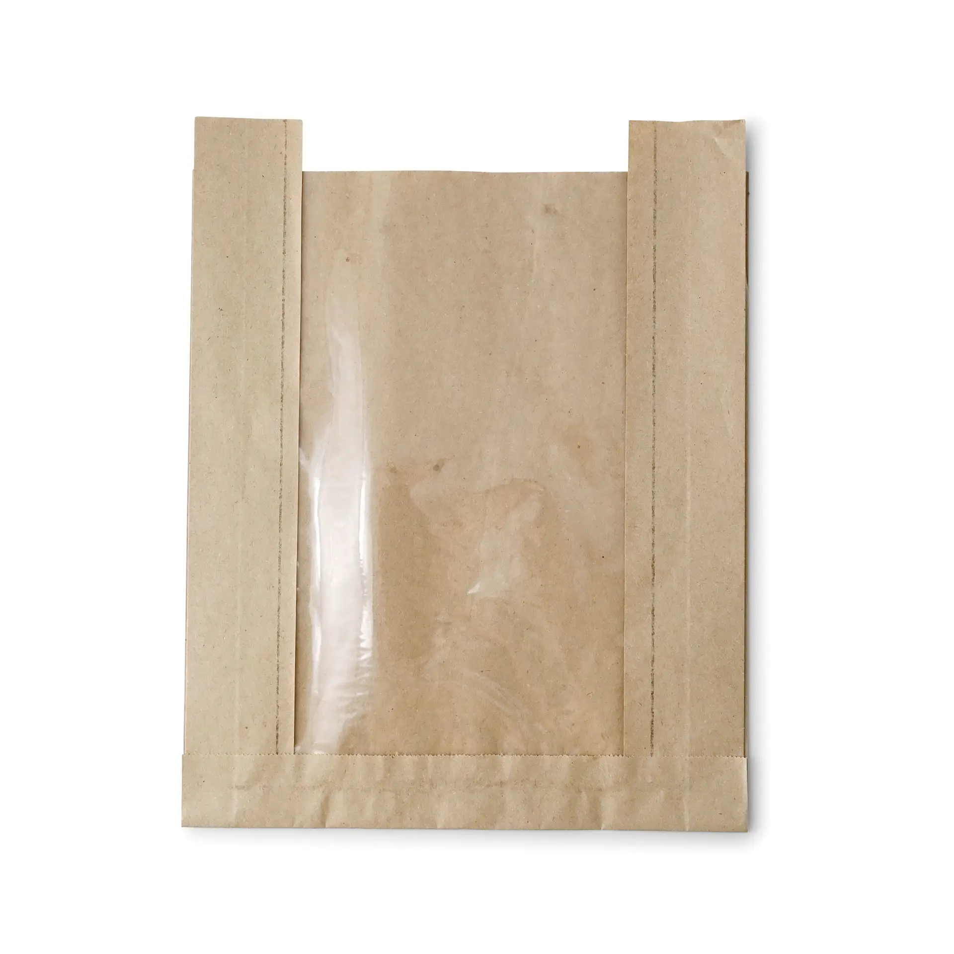 Sac à pain en papier brun plat avec une fenêtre en PLA d'origine végétale claire ; adapté aux aliments, écologique et biodégradable.