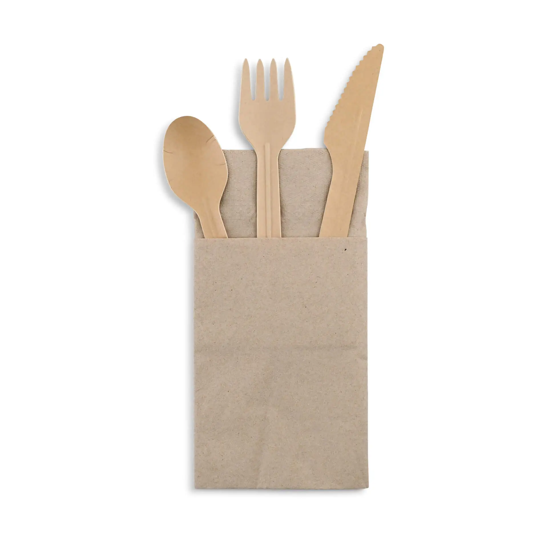 Ustensiles en papier brun comprenant une cuillère, une fourchette et un couteau dans un sachet en papier kraft.