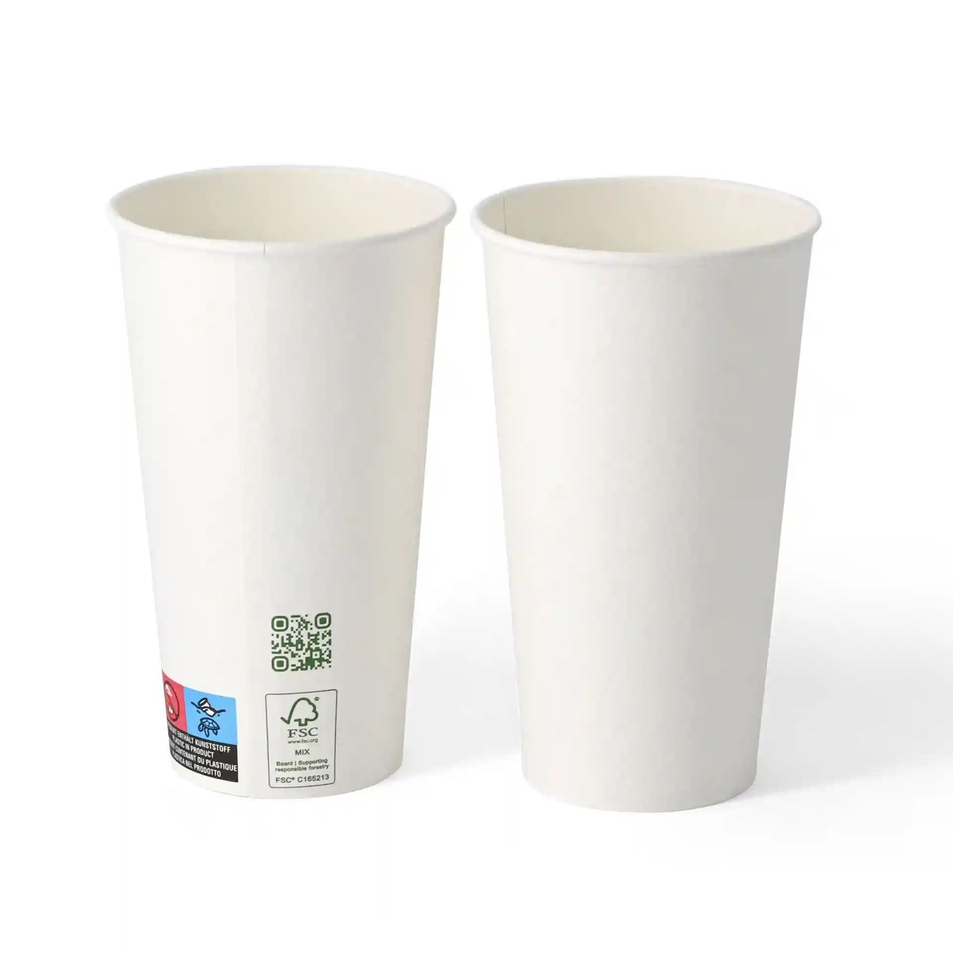 Deux gobelets en papier blancs à paroi simple, capacité de 500 ml et diamètre de 90 mm, avec des étiquettes sur le côté.
