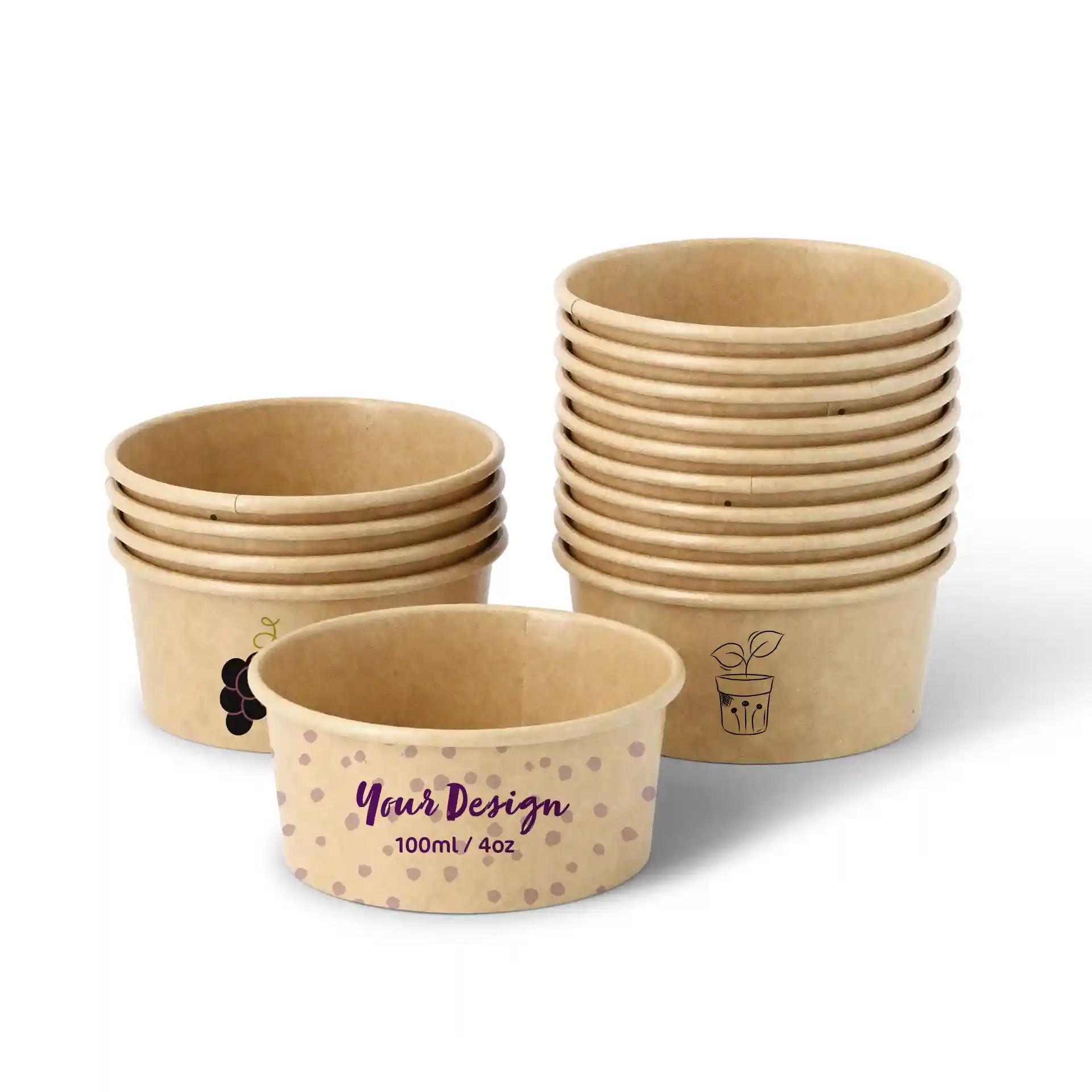 Empilement de gobelets en carton marron pour glace, avec un gobelet affichant un design et du texte, montrant divers graphiques.