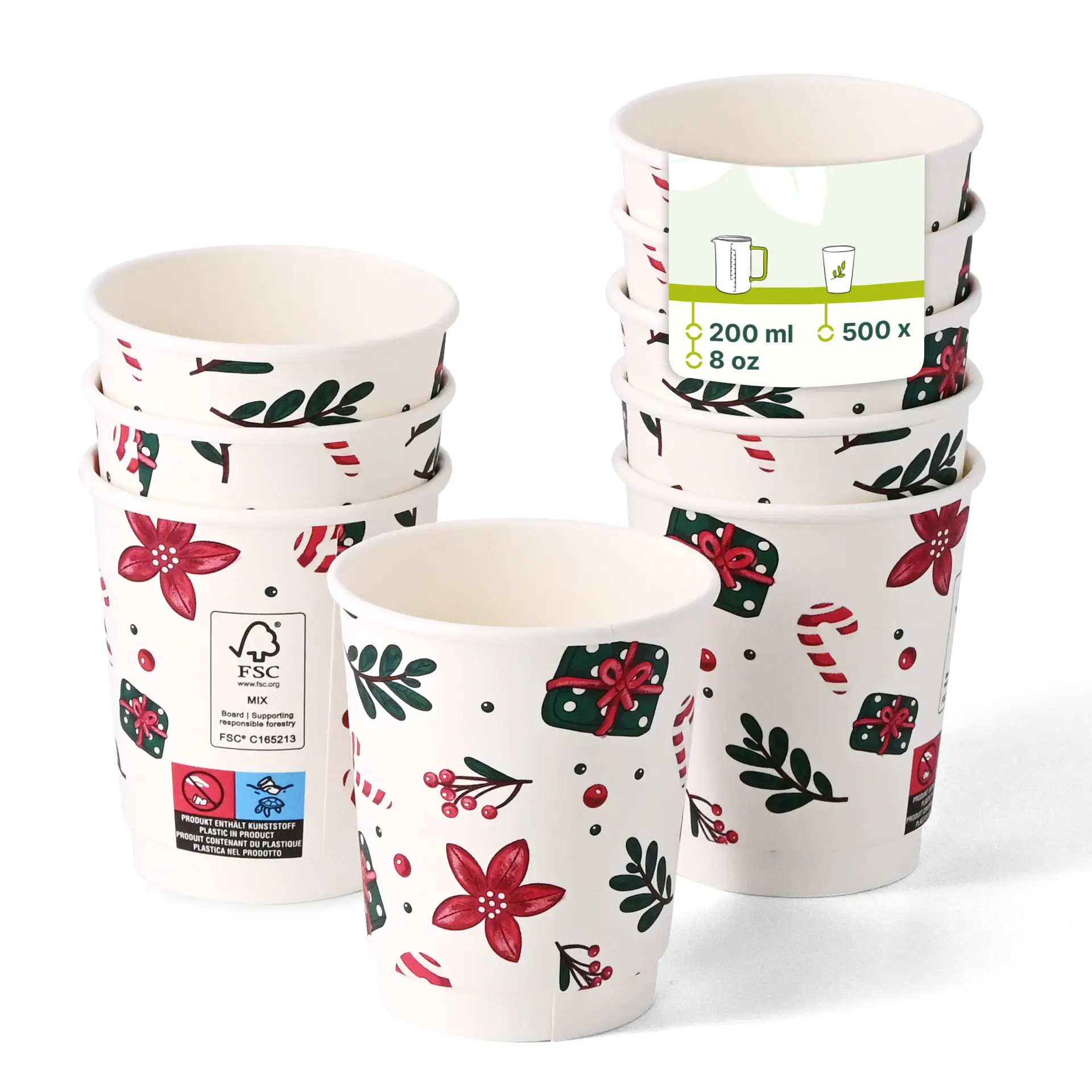 Tasse à café double paroi avec design d'hiver, capacité de 200 ml, blanche, avec motifs floraux et cadeaux.