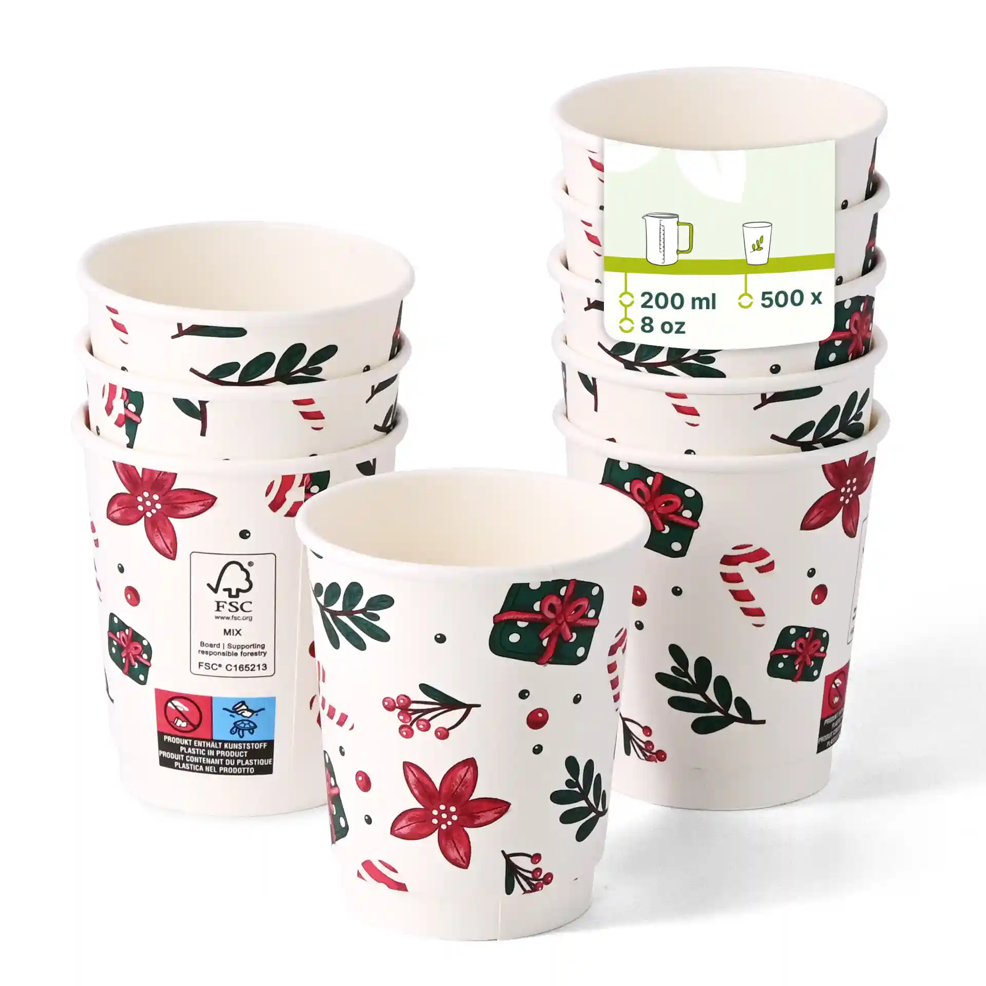 Tasse à café double paroi avec design d'hiver, capacité de 200 ml, blanche, avec motifs floraux et cadeaux.