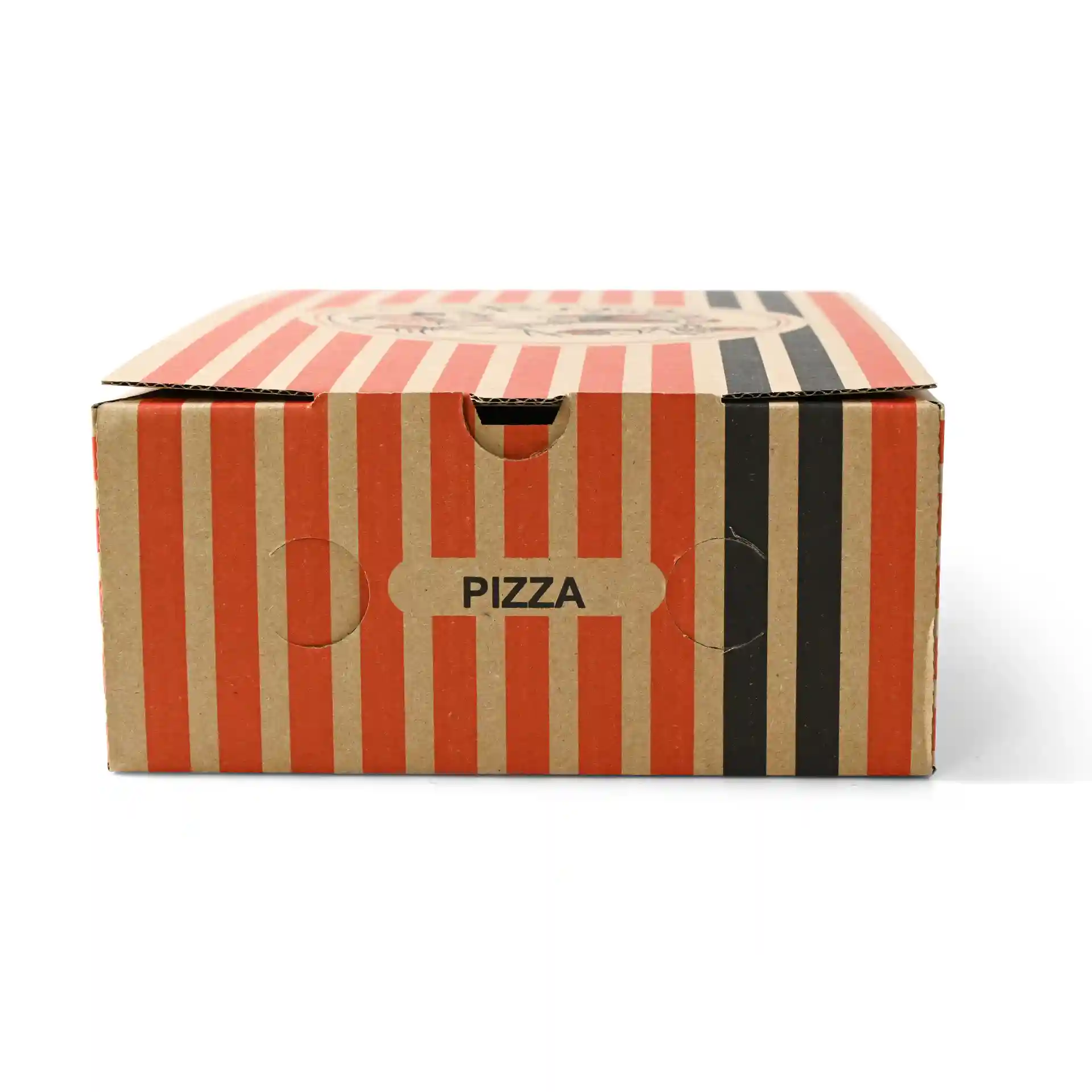 Boîte à pizza marron avec des rayures rouges et noires, présentant un design de chef de pizza circulaire et une étiquette "PIZZA".