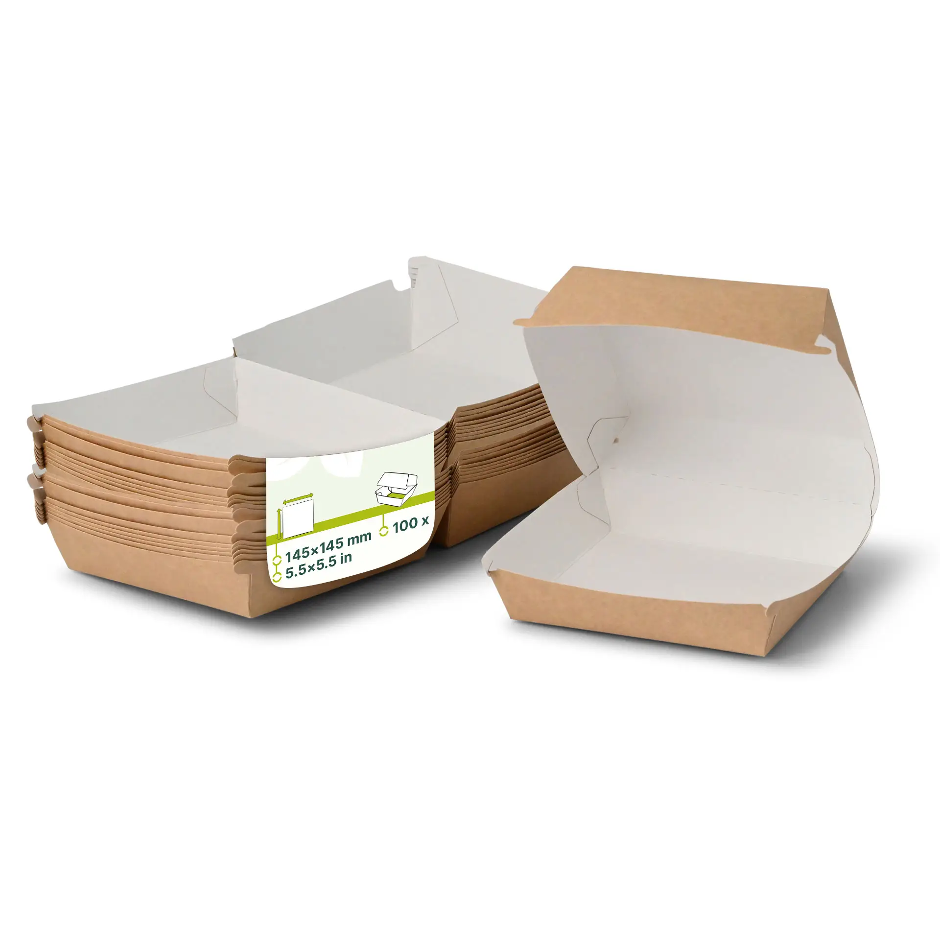 Boite à burger en carton brun-blanc, 14,5 x 14,5 x 8 cm Boite à burger en carton brun-blanc, 14,5 x 14,5 x 8 cm