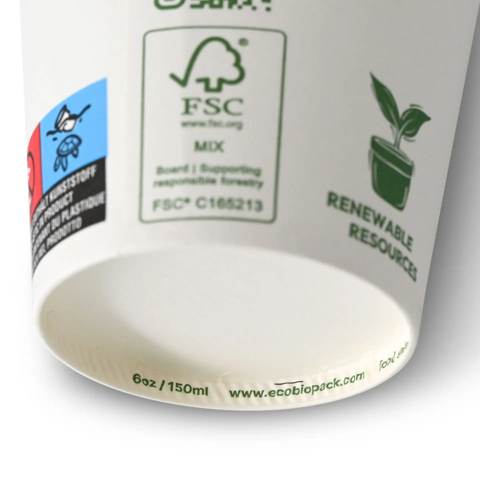 Gobelet en carton 150 ml / 6 oz, Ø 80 mm, avec pictogrammes "EcoUp©", simple paroi, blanc, revêtement en PLA