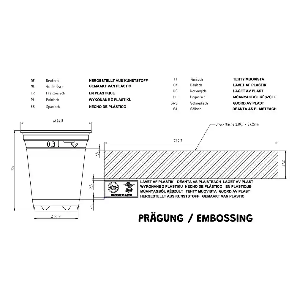 Dessin schématique d'un gobelet en plastique de 12 oz avec dimensions et étiquettes multilingues, montrant un design transparent.