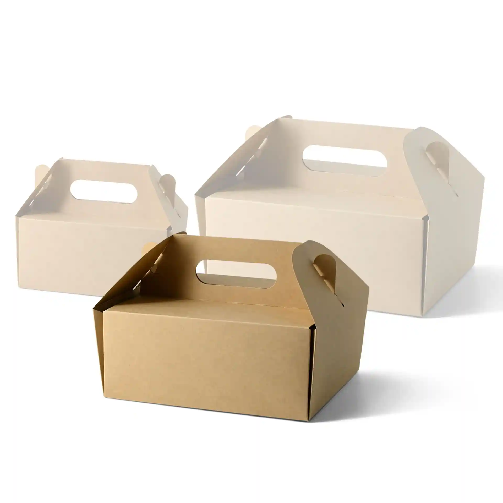 Image de trois boîtes à pâtisserie rectangulaires en carton avec poignées, deux blanches et une marron.