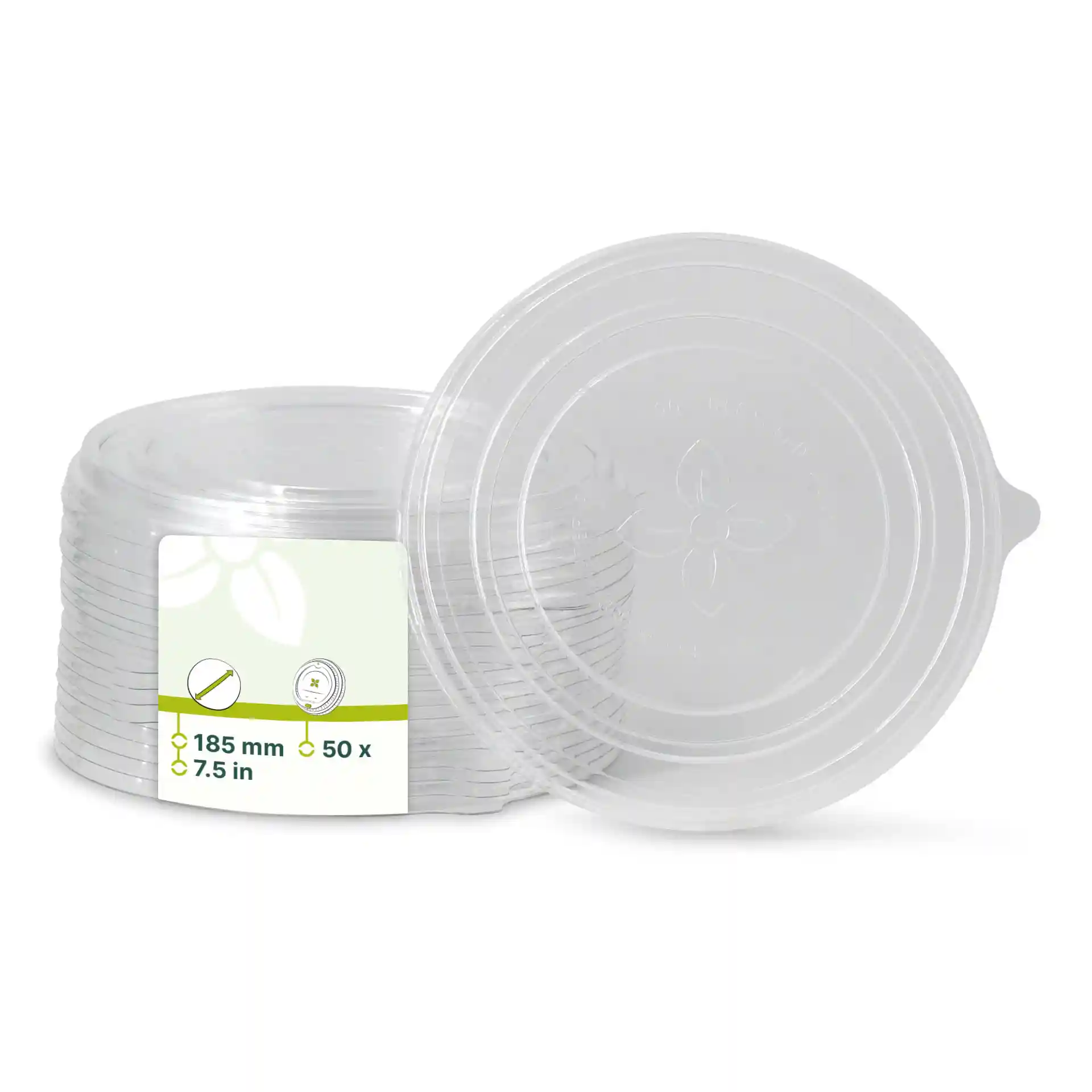 Couvercles ronds transparents en rPET, mesurant 185 mm de diamètre, empilés avec une étiquette indiquant les détails du produit.