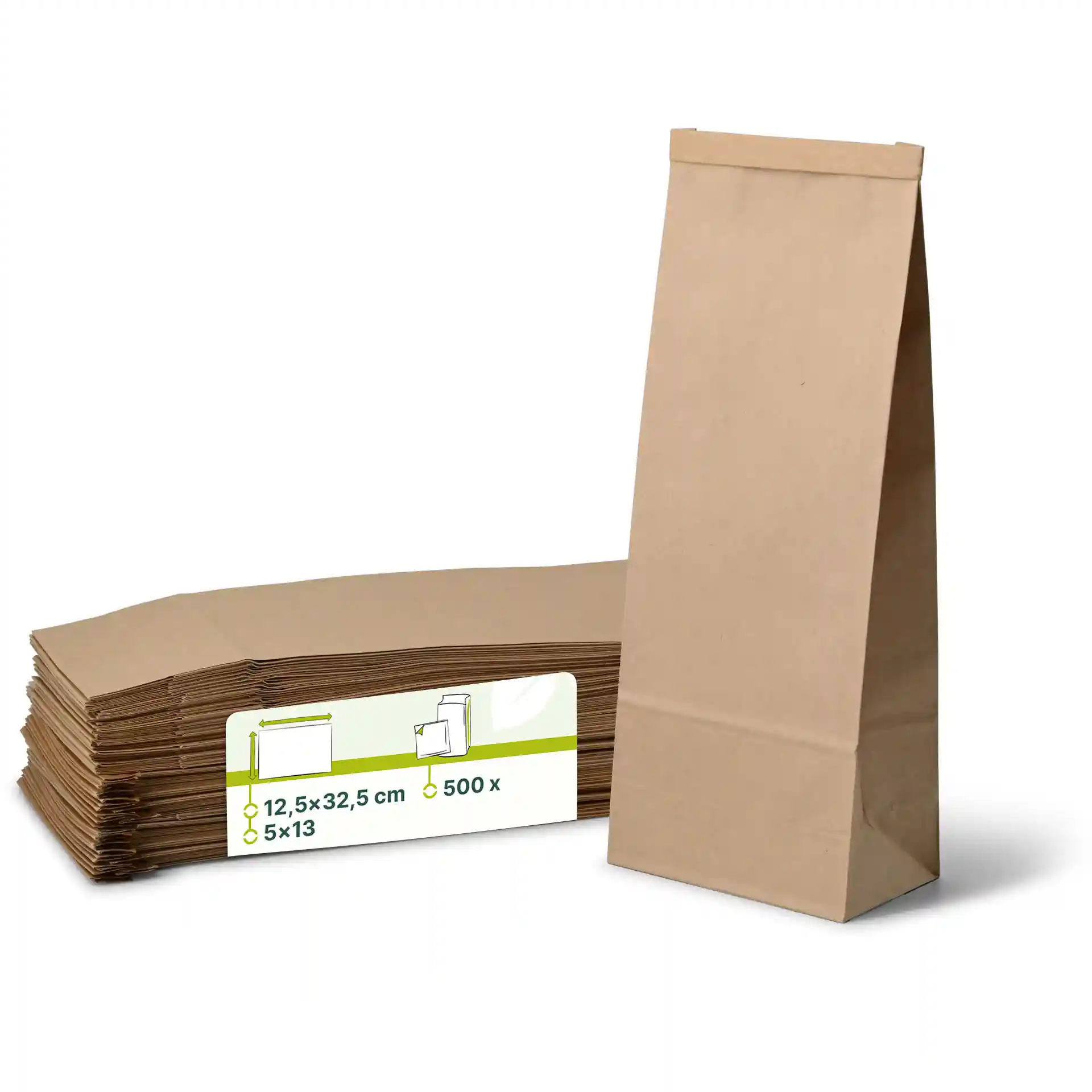 Sacs à fond plat marron de 32,5 cm de hauteur, empilés avec une étiquette indiquant les dimensions et la quantité.