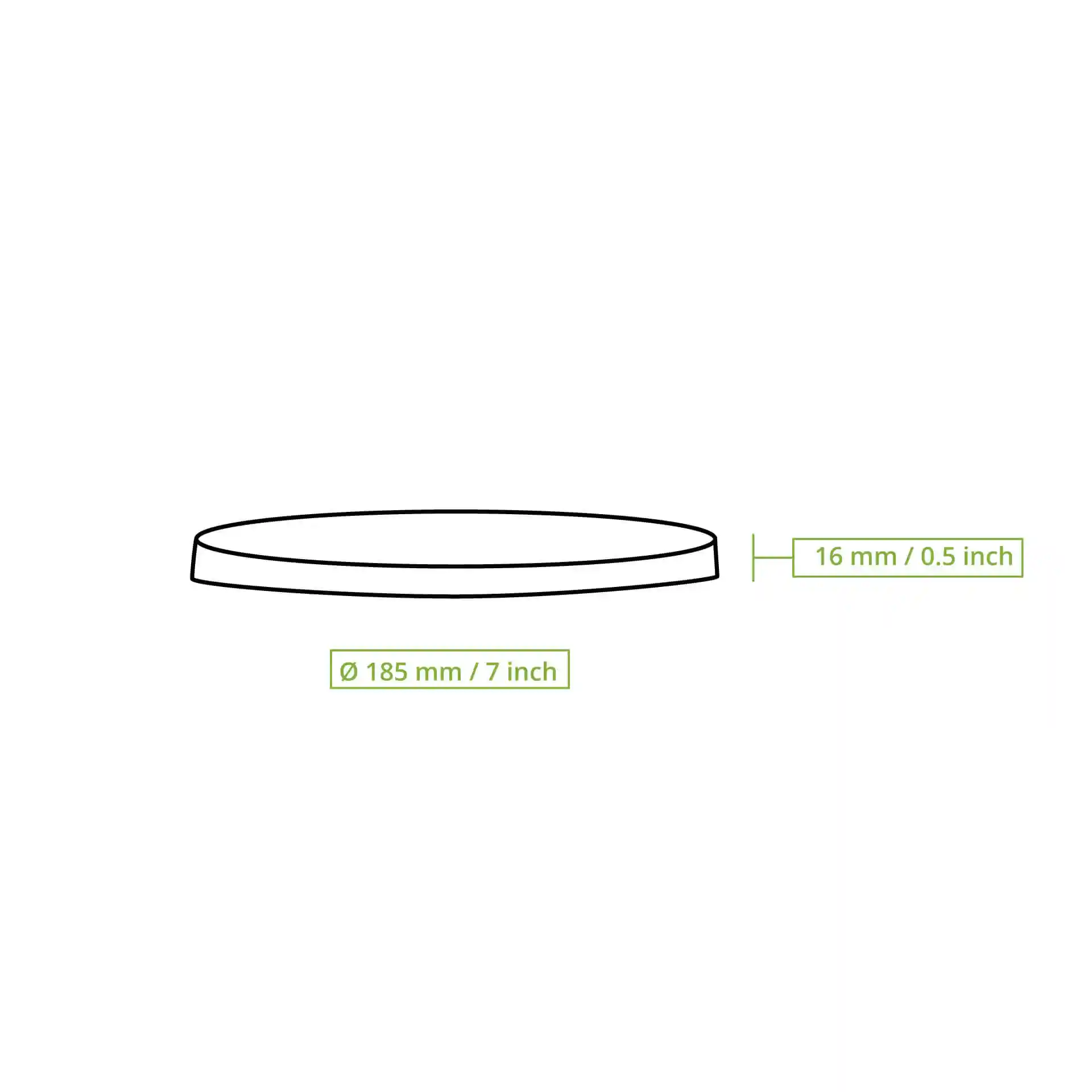 Dessin schématique d'un couvercle rond de 185 mm de diamètre et 16 mm de hauteur, sur un fond uni.