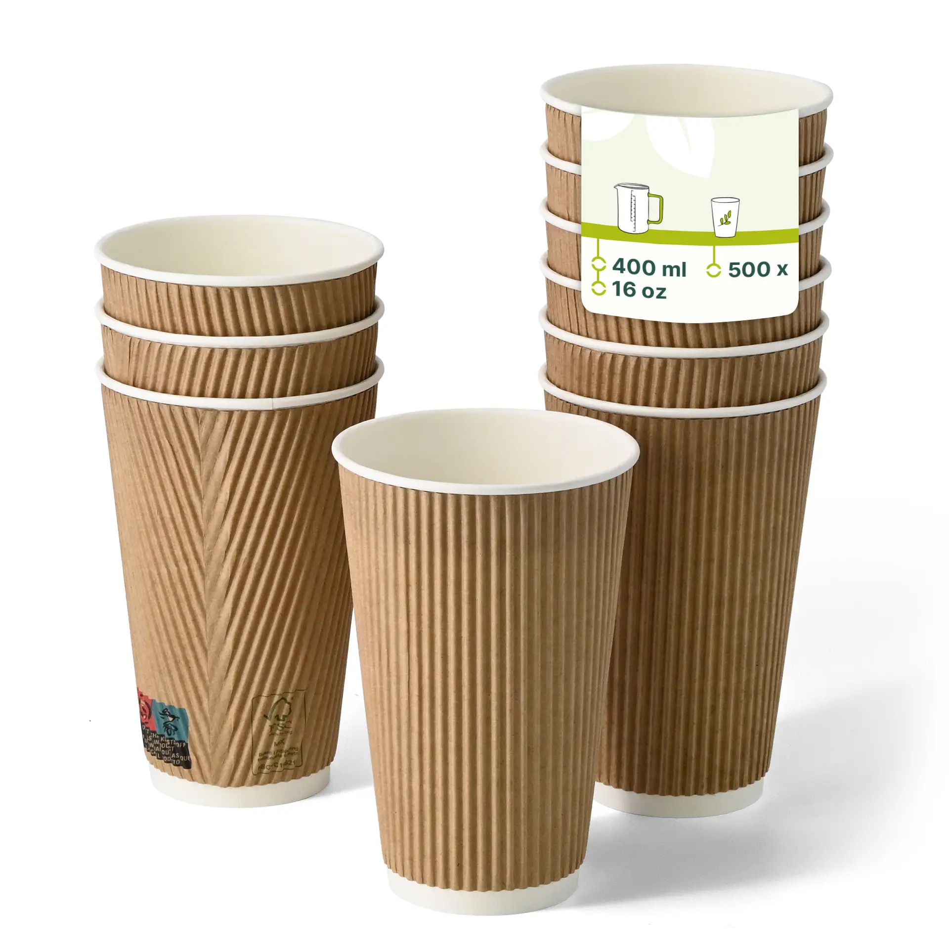 Gobelet en papier brun à rainures avec un revêtement intérieur blanc, conçu pour les boissons chaudes, offrant une triple isolation.