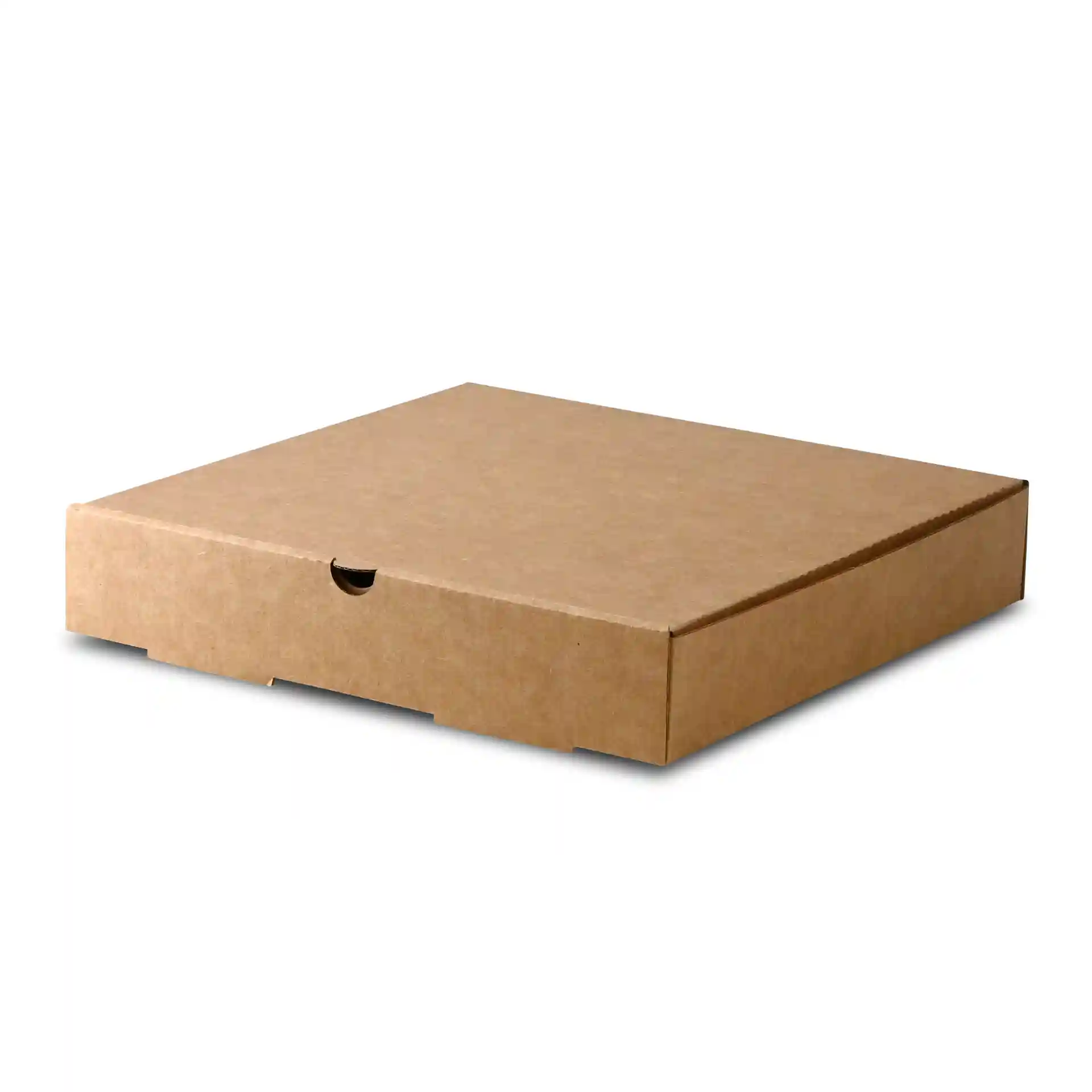 Boîte à pizza carrée brune en carton, mesurant 26 cm de long et de large, avec une hauteur de 47 mm.
