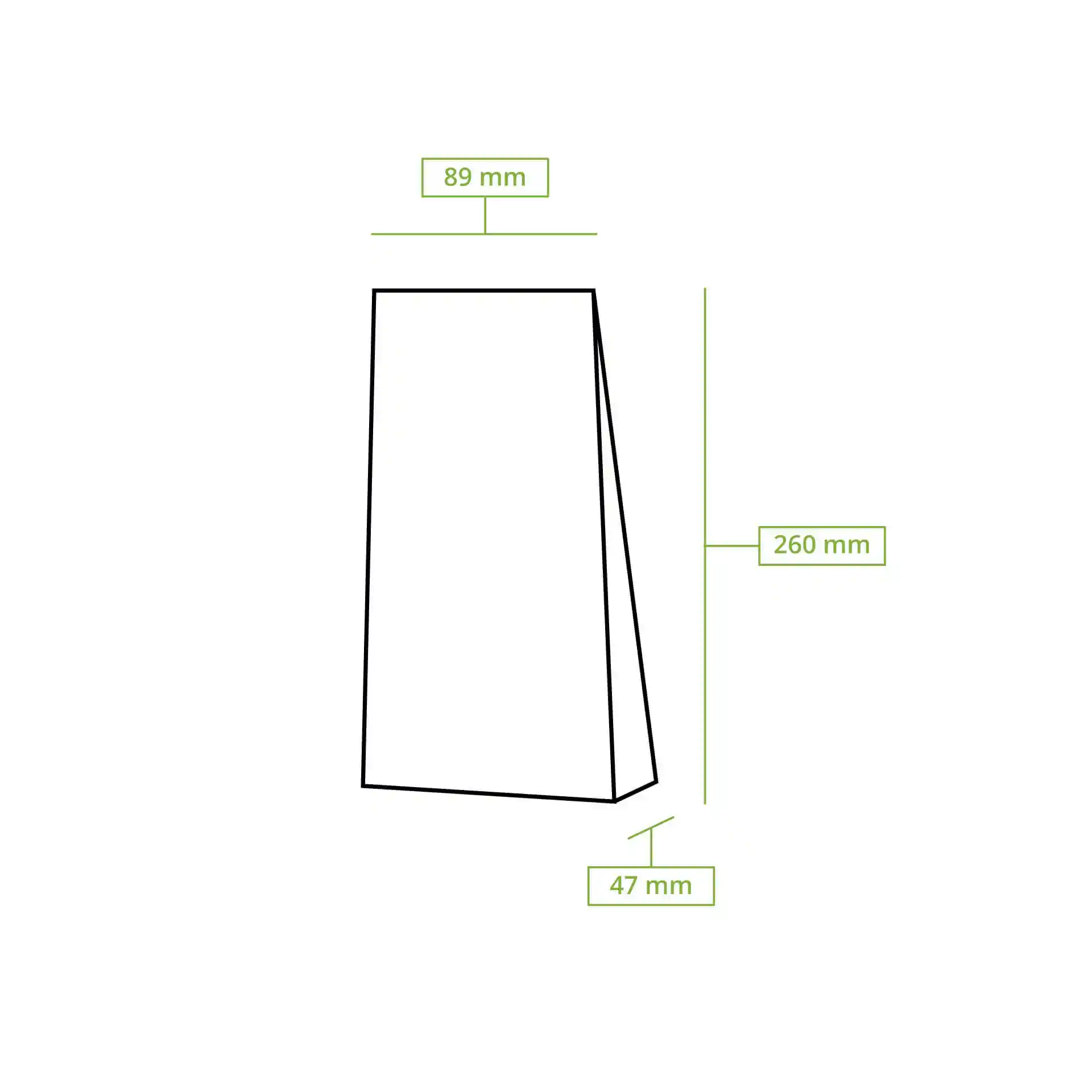 Dessin schématique d'un sac à fond plat avec dimensions étiquetées : 89 mm de largeur, 47 mm de profondeur et 260 mm de hauteur.