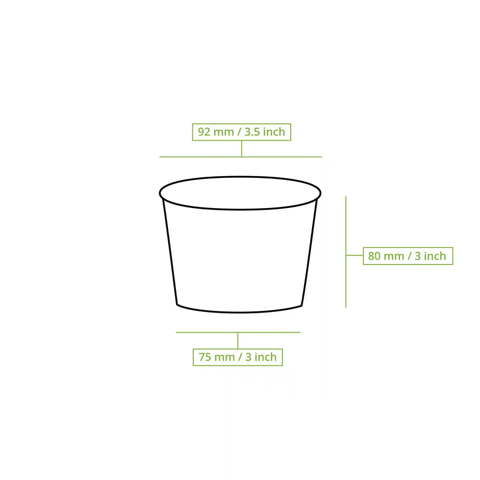 Dessin schématique d'un pot à glace en papier rond avec dimensions : 92 mm de diamètre, 82 mm de hauteur et 75 mm de diamètre de base.