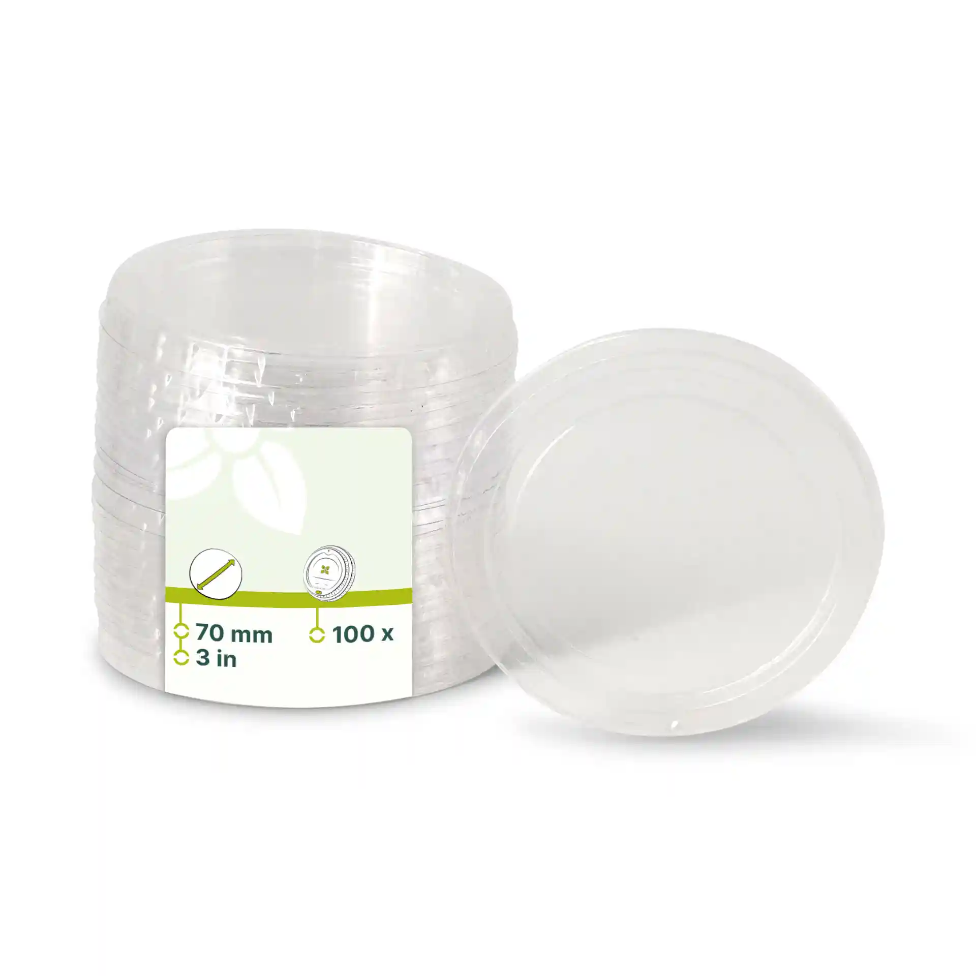 Couvercles ronds transparents d'un diamètre de 70 mm, empilés avec un couvercle légèrement séparé des autres.
