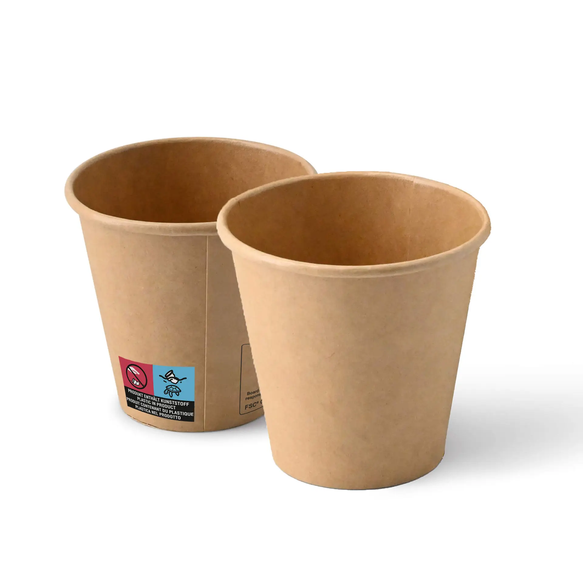 Gobelets en papier marron de 6 oz avec une forme ronde, montrant deux gobelets et une étiquette avec des symboles sur un côté.