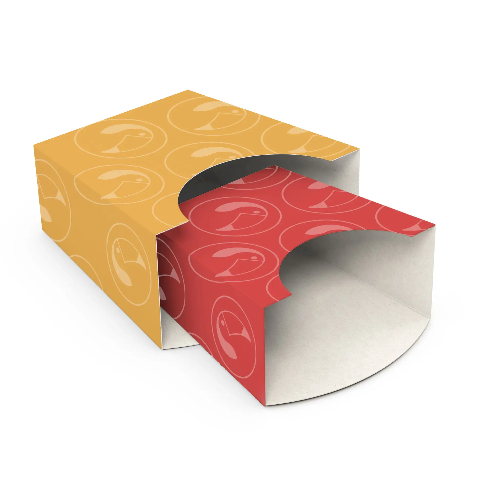 Scoop rectangulaire à frites en carton jaune et rouge, avec un design découpé, adapté pour le branding.