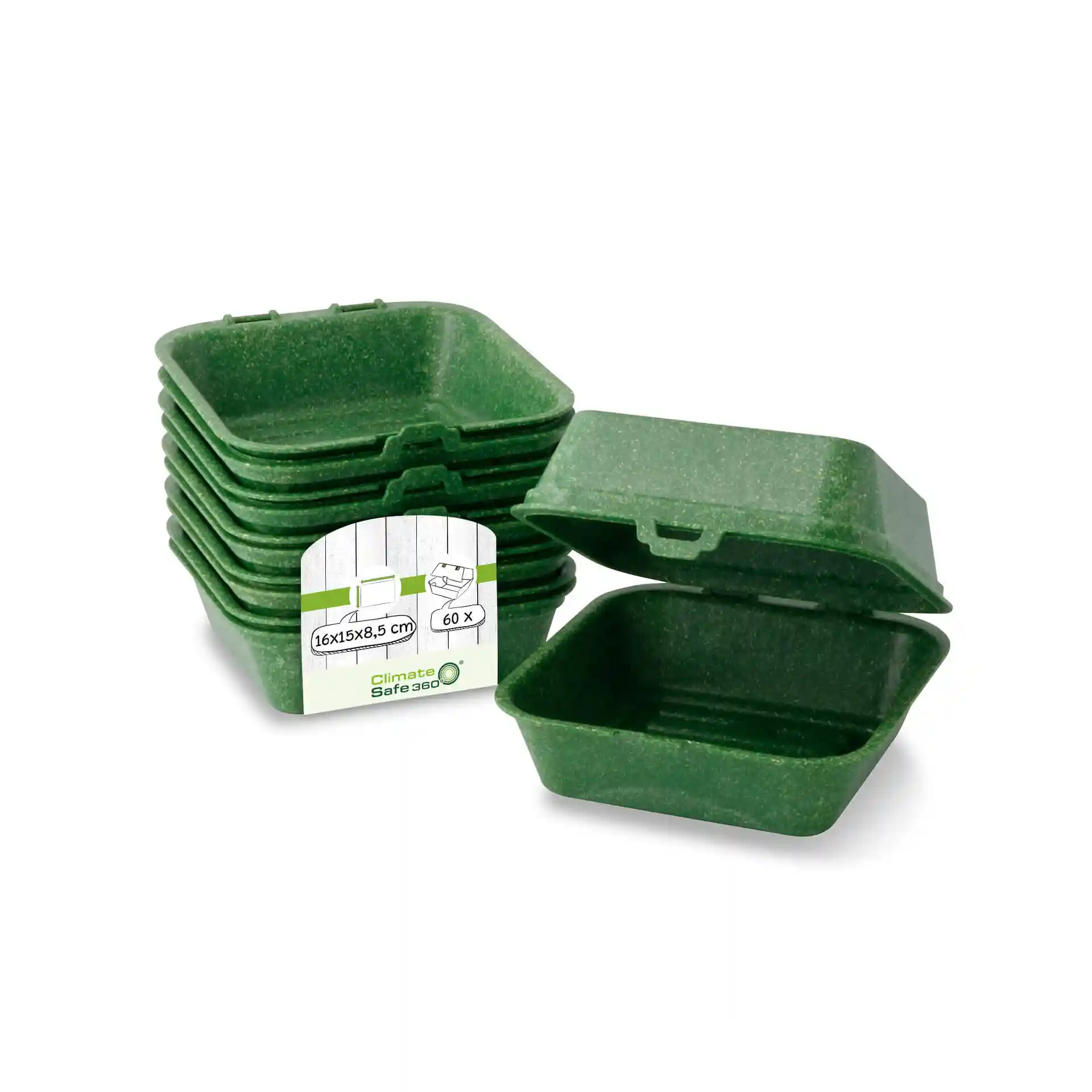 Empilement de boîtes à burgers vertes réutilisables avec une étiquette indiquant des dimensions de 16 x 15 x 8,5 cm et une quantité de 60.