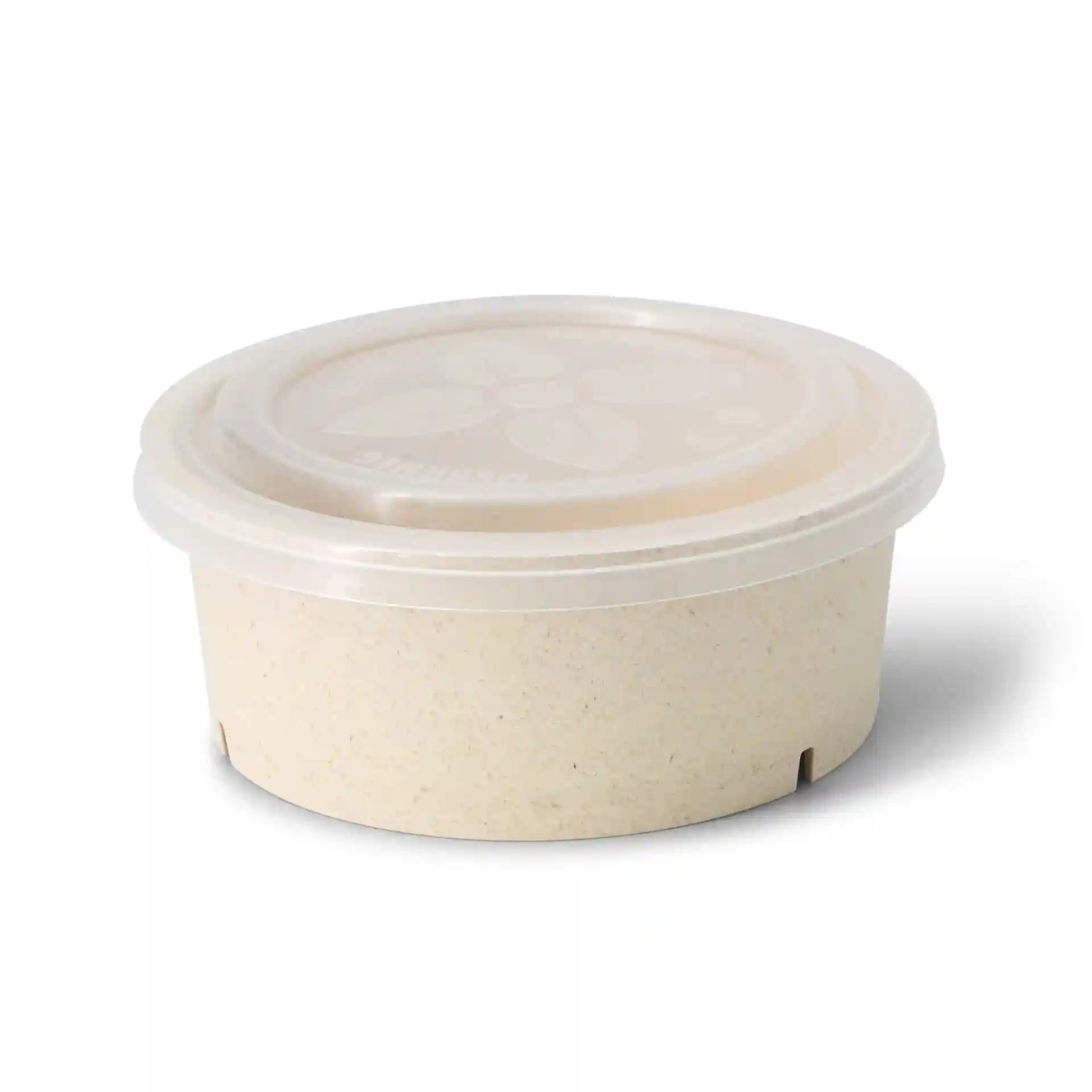 Bol rond réutilisable en blanc crémeux, diamètre de 150 mm, avec un couvercle transparent et sans revêtement. Hauteur de 60 mm.