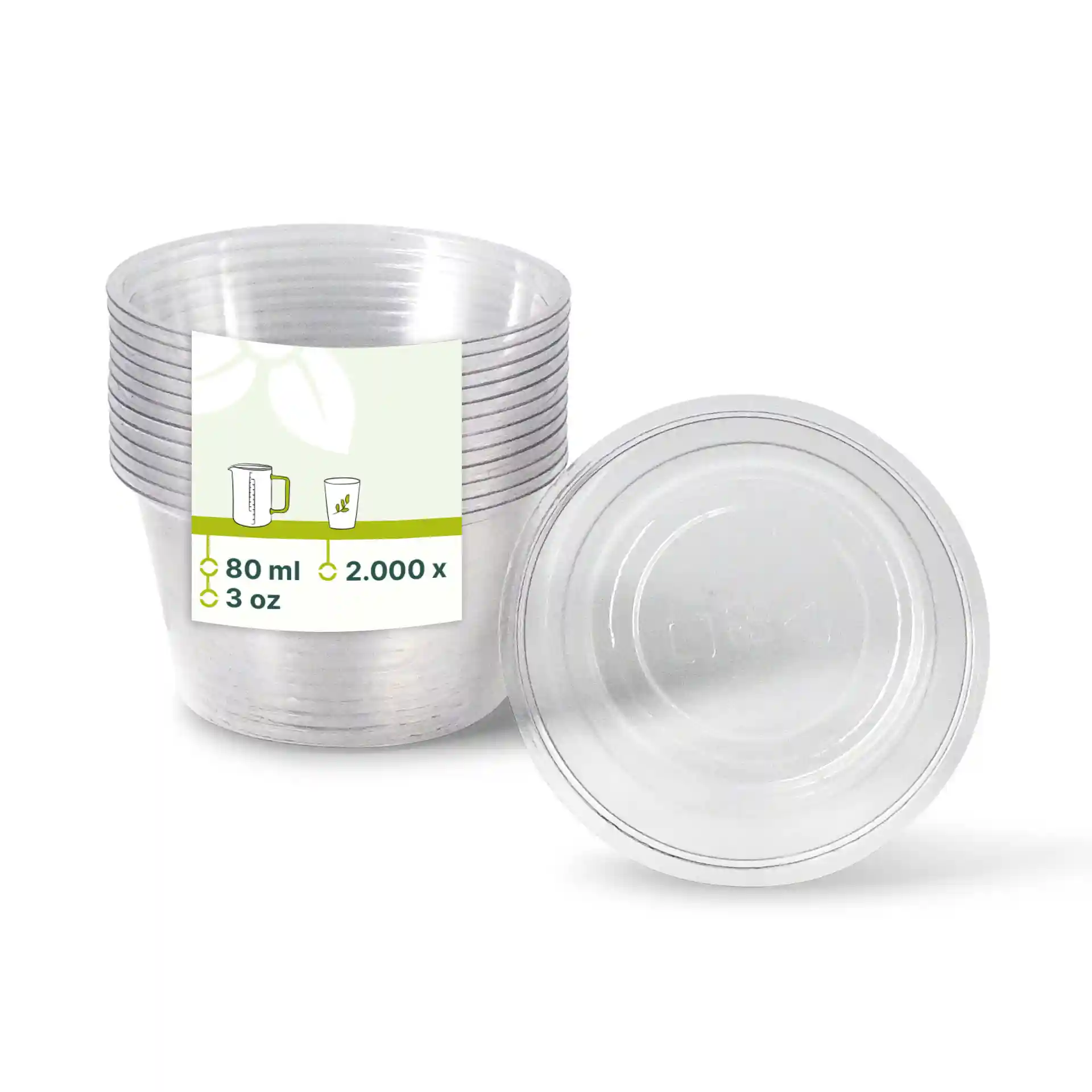 Gobelets en PLA transparents d'un diamètre de 70 mm, empilés avec une étiquette indiquant le volume et la quantité.