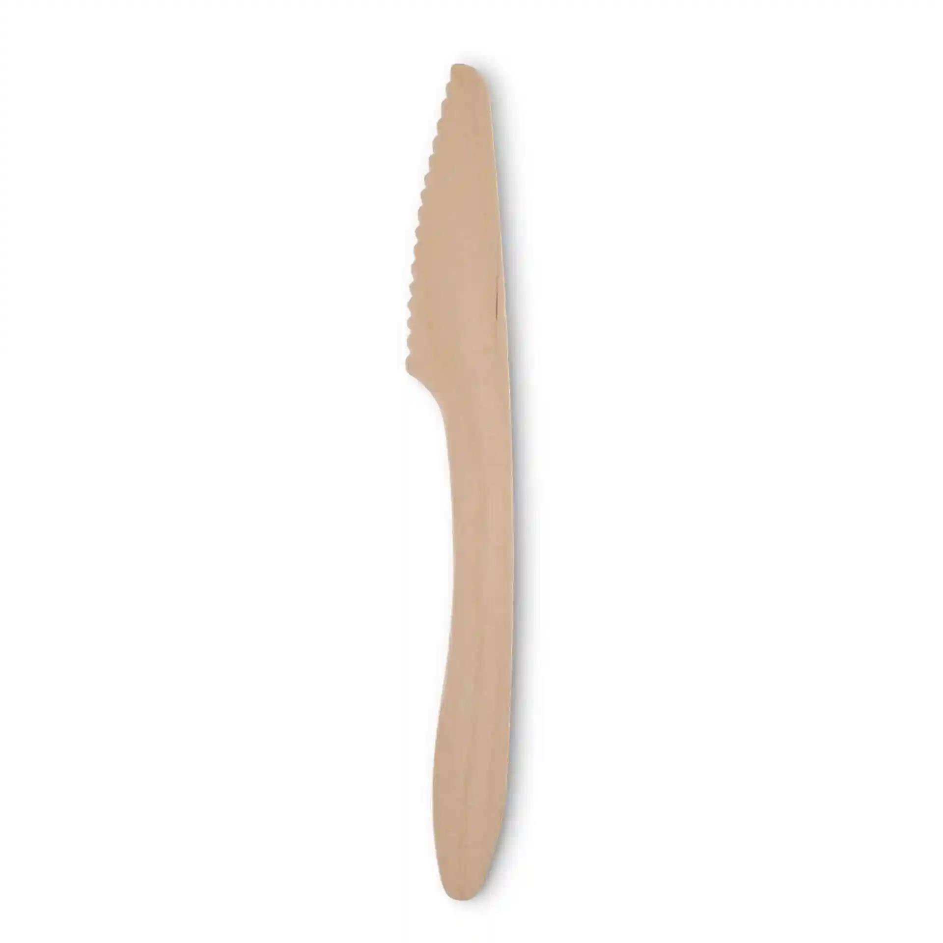 Couteau en bois brun, long de 18 cm, avec une lame dentée et un manche lisse.